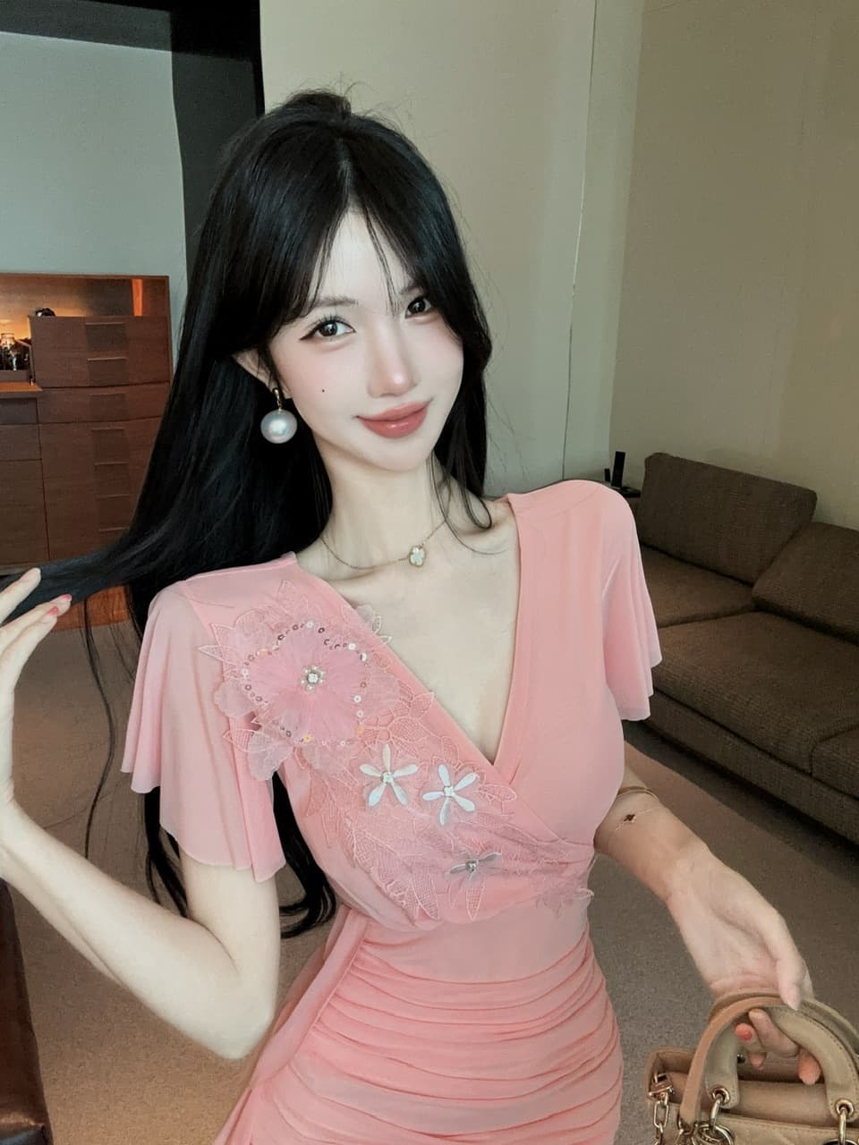 실사 쇼트 스타일 구슬 조각 패치워크 망사 타이트 스커트 드레스 상세 이미지 27
