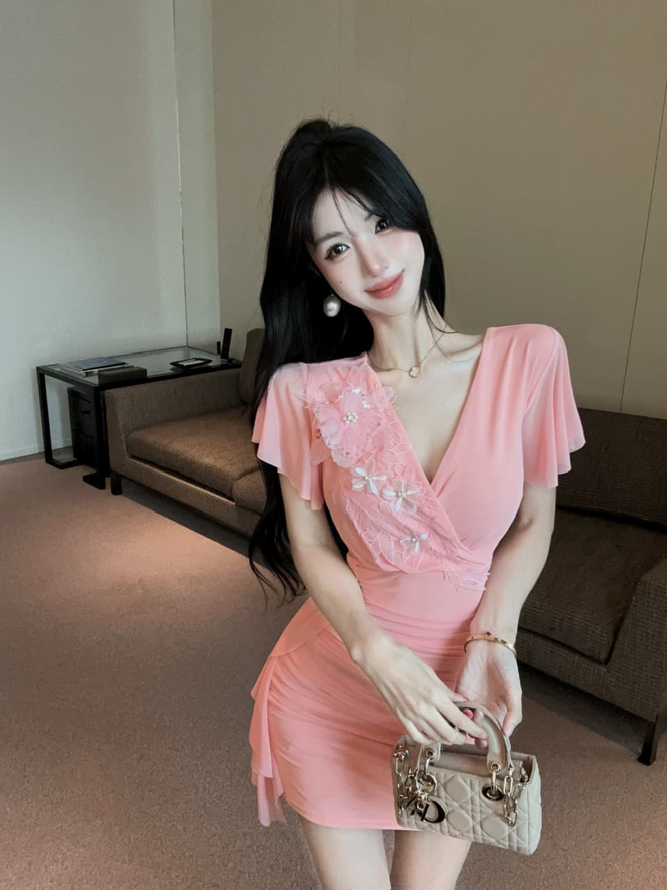 실사 쇼트 스타일 구슬 조각 패치워크 망사 타이트 스커트 드레스 상세 이미지 35