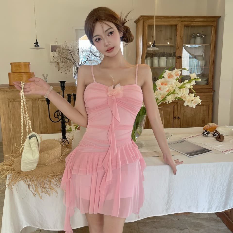 실사 쇼트 스타일 망사 타이트 스커트 슬립 드레스 이미지 3