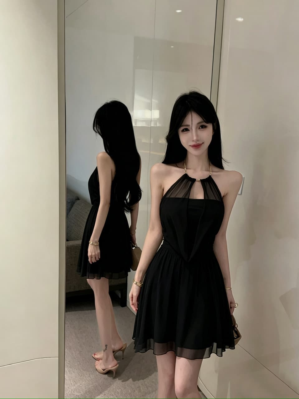 실사 쇼트 스타일 망사 큰 진자 드레스 상세 이미지 6