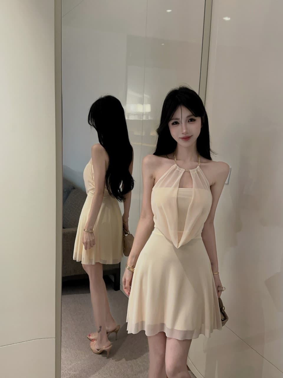 실사 쇼트 스타일 망사 큰 진자 드레스 상세 이미지 18