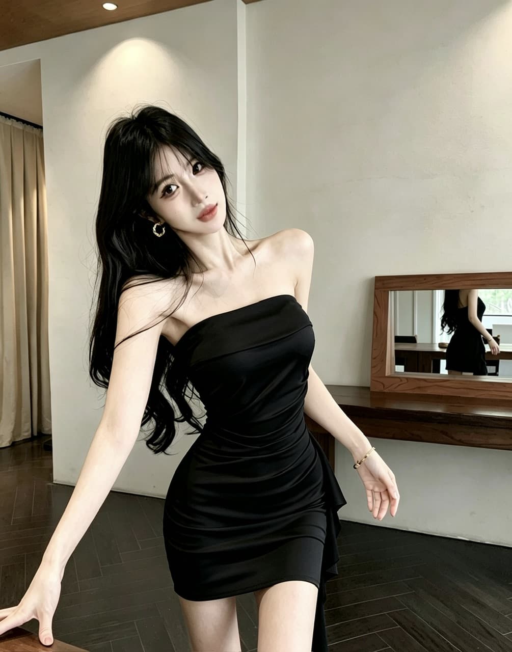 실사 쇼트 스타일 튜브탑 드레스 복장 상세 이미지 4
