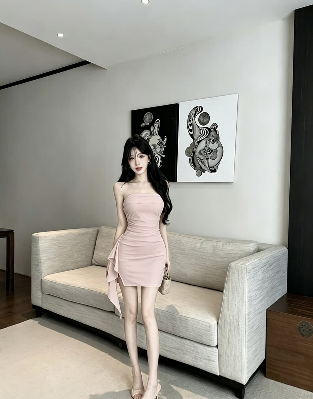 실사 쇼트 스타일 튜브탑 드레스 복장 상세 이미지 7