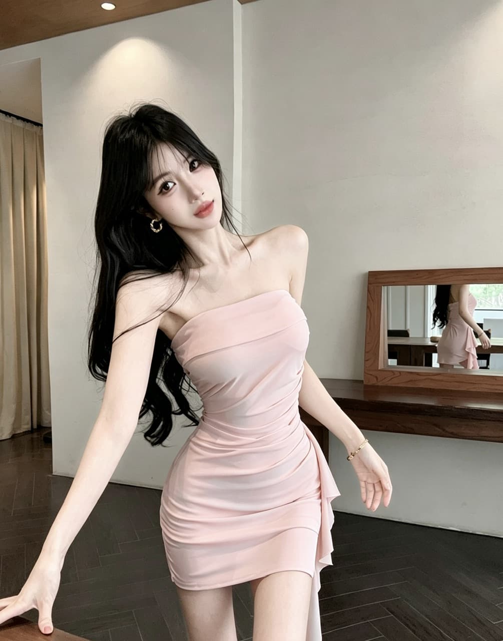 실사 쇼트 스타일 튜브탑 드레스 복장 상세 이미지 9
