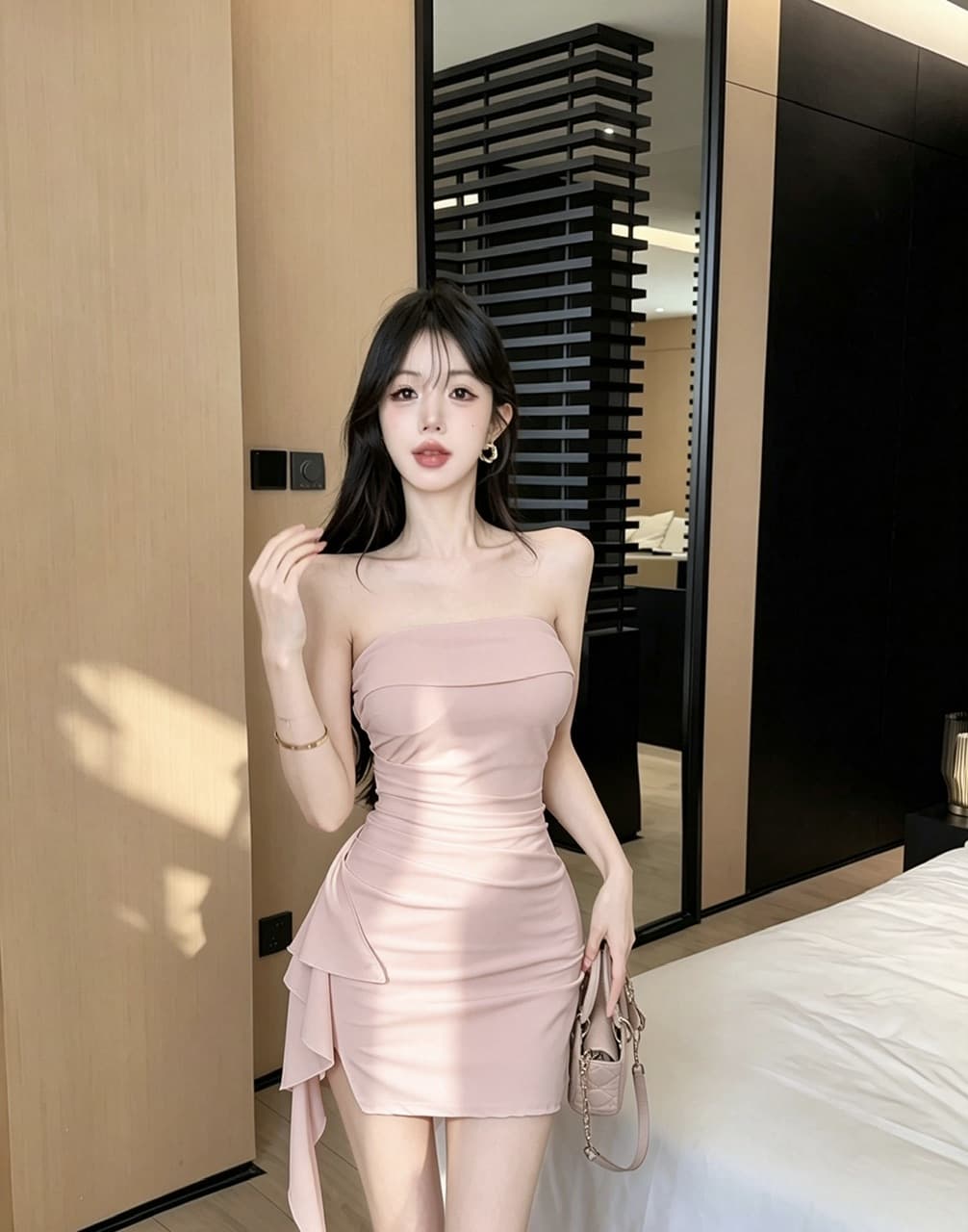 실사 쇼트 스타일 튜브탑 드레스 복장 상세 이미지 10