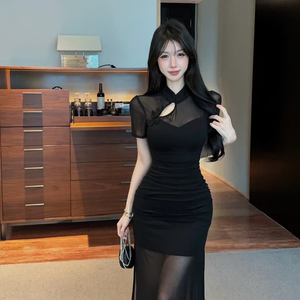 실사 롱 코트 망사 개선 치파오 드레스 이미지 2