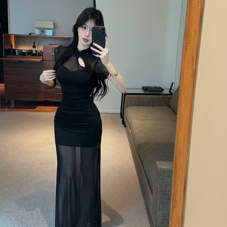 실사 롱 코트 망사 개선 치파오 드레스 이미지 4