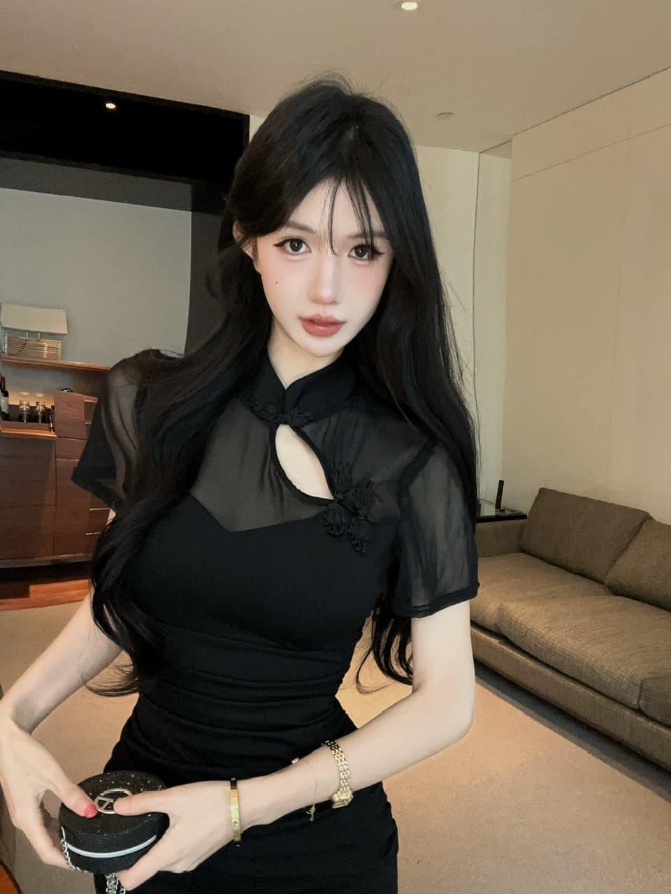 실사 롱 코트 망사 개선 치파오 드레스 상세 이미지 1
