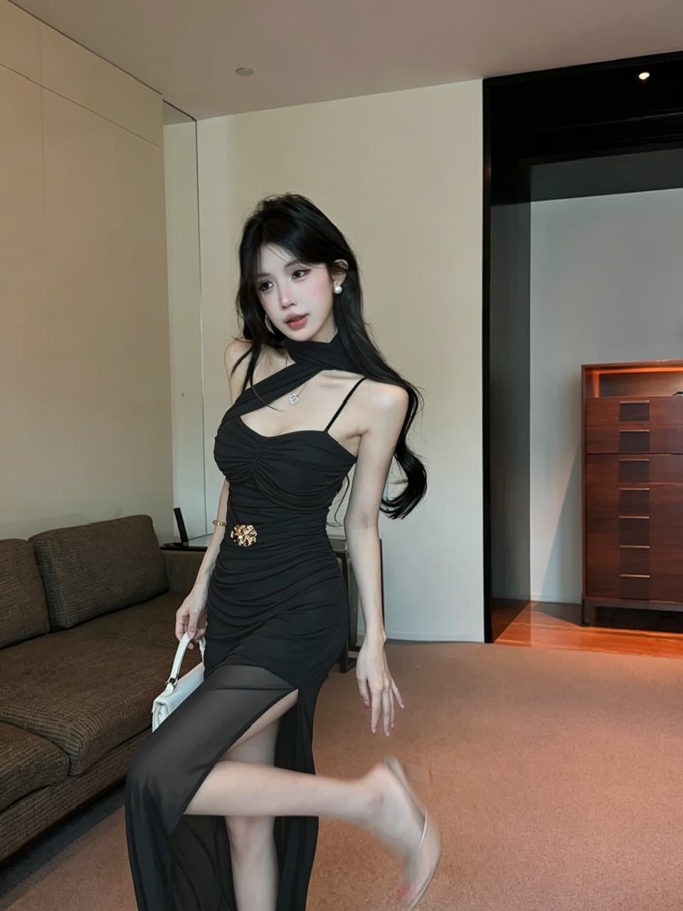 실사 롱 코트 망사 드레스 상세 이미지 4