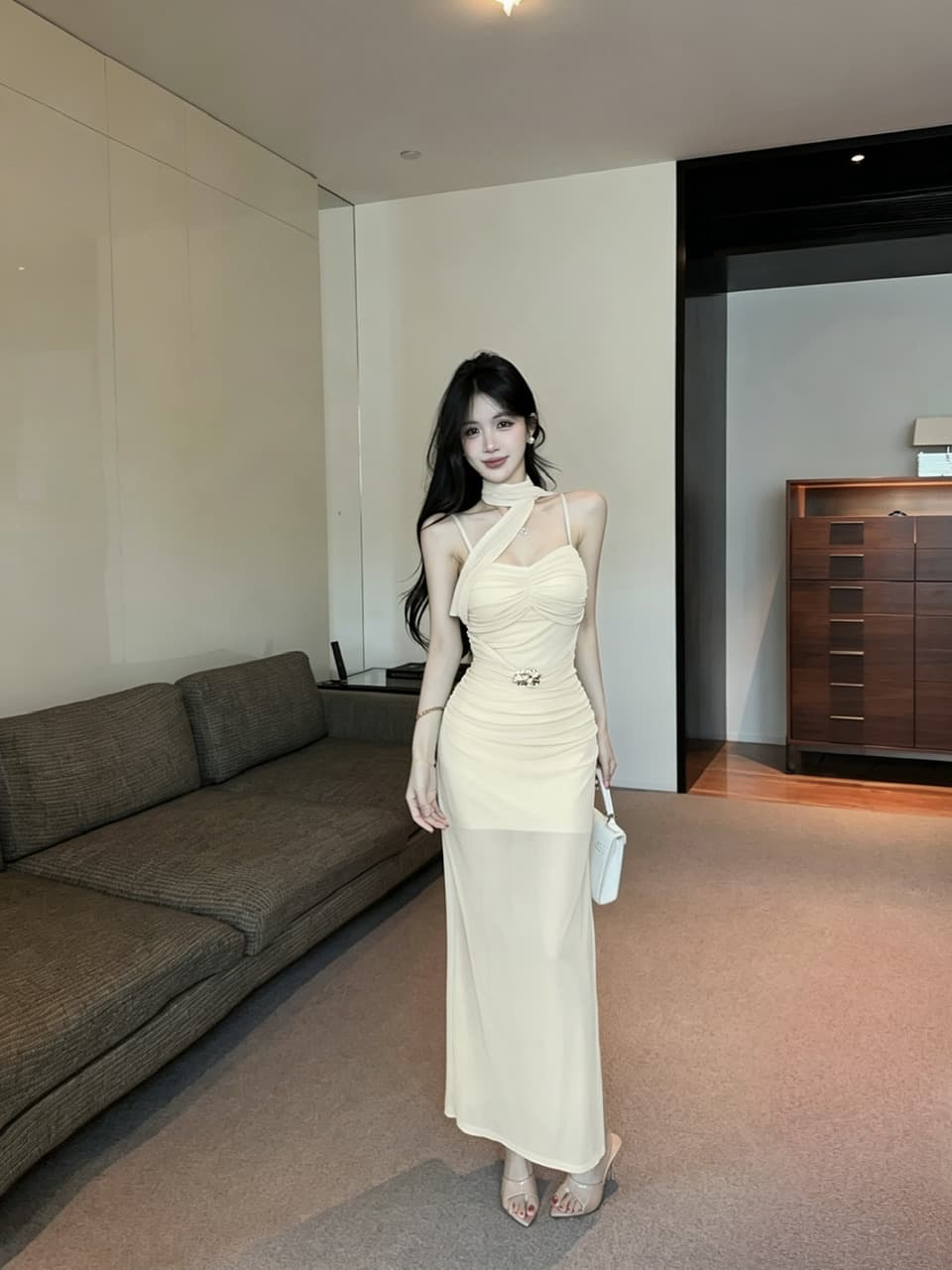 실사 롱 코트 망사 드레스 상세 이미지 7