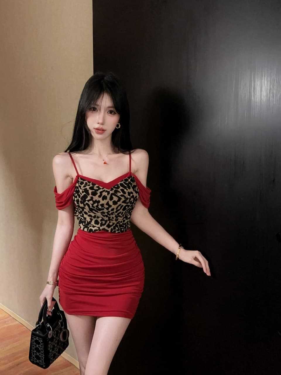 실사 레오파드 무늬 패치워크 슬립 망사 미니 스커트 상세 이미지 20