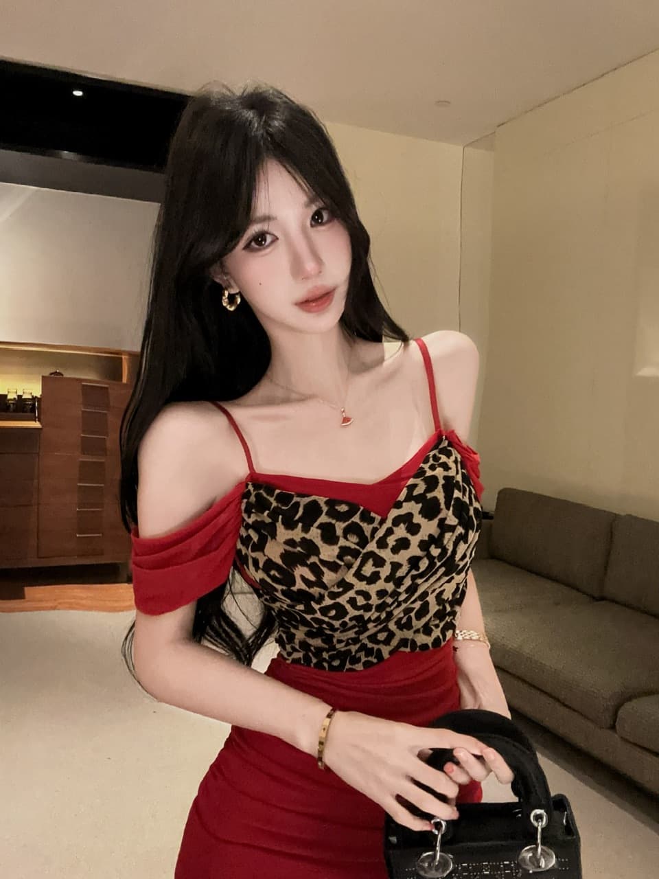 실사 레오파드 무늬 패치워크 슬립 망사 미니 스커트 상세 이미지 23