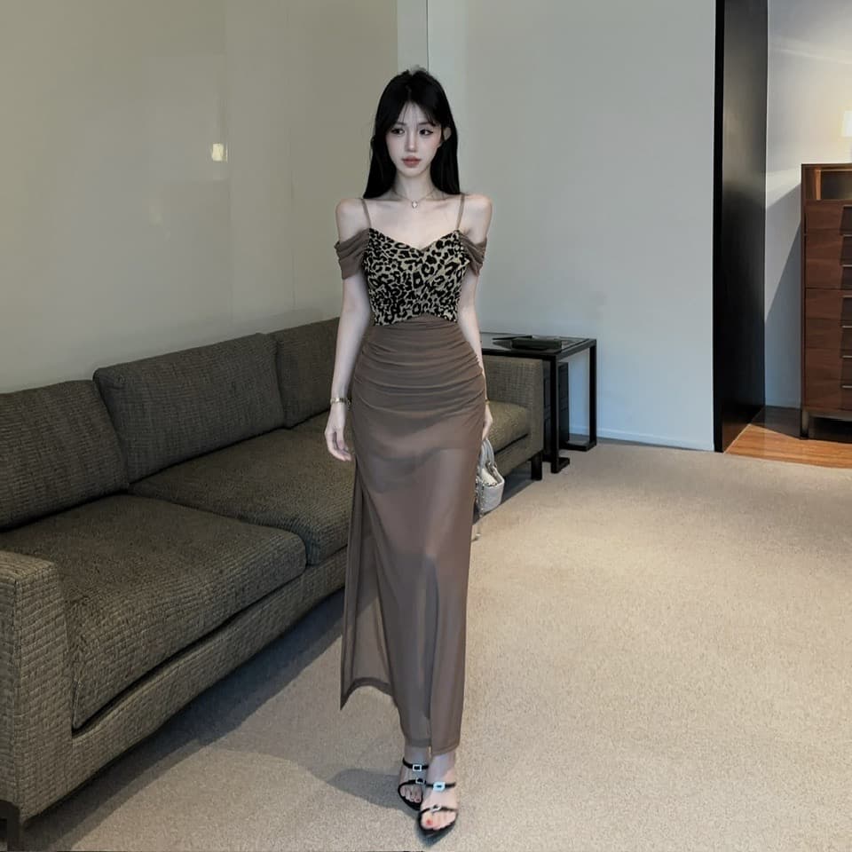 실사 레오파드 무늬 패치워크 롱 코트 슬립 드레스 이미지 2