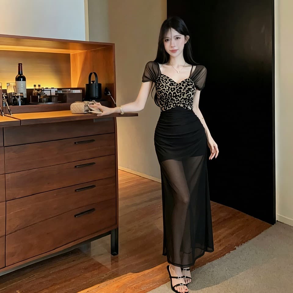 실사 레오파드 무늬 패치워크 롱 코트 슬립 드레스 이미지 3