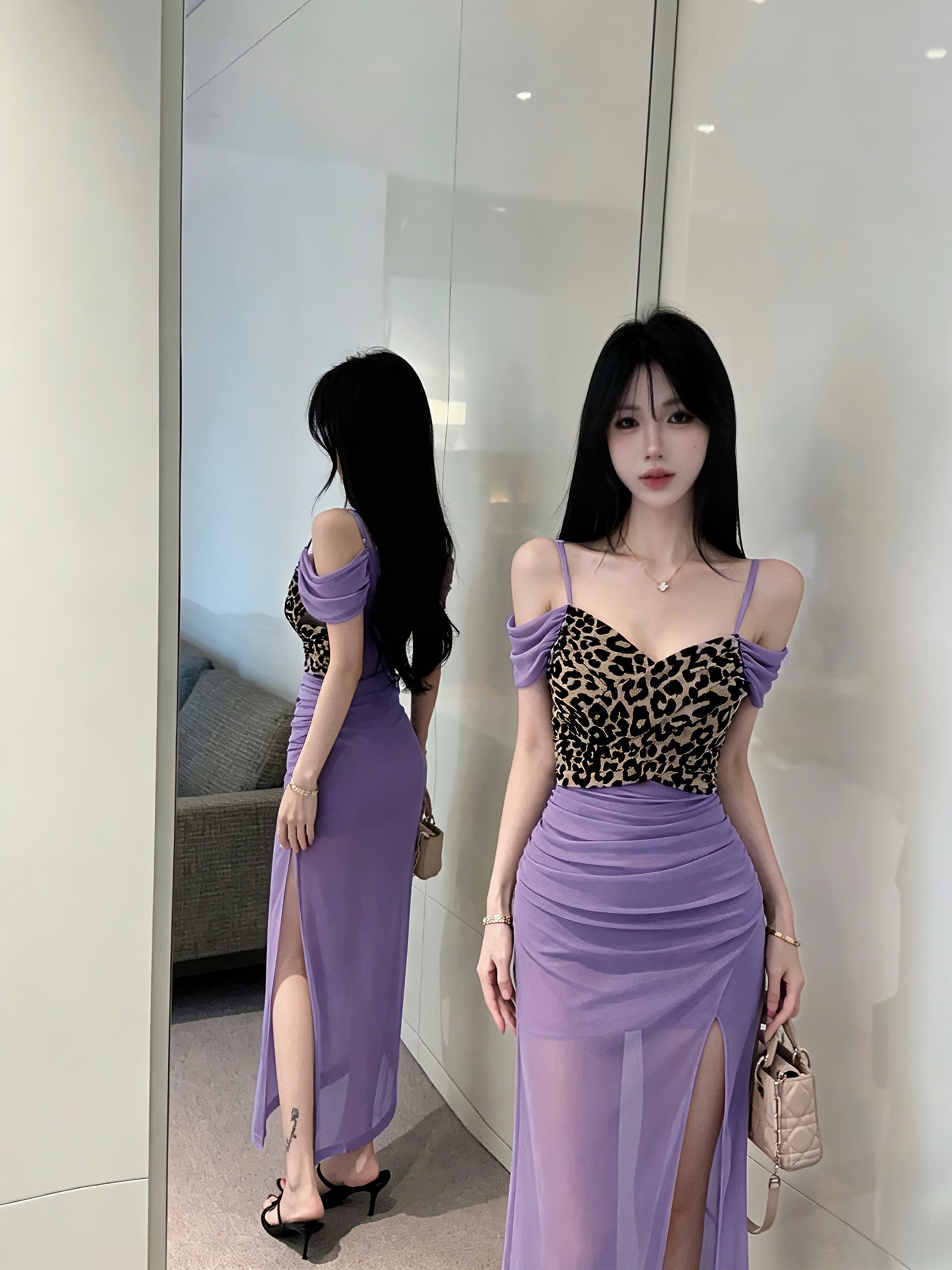 실사 레오파드 무늬 패치워크 롱 코트 슬립 드레스 상세 이미지 2