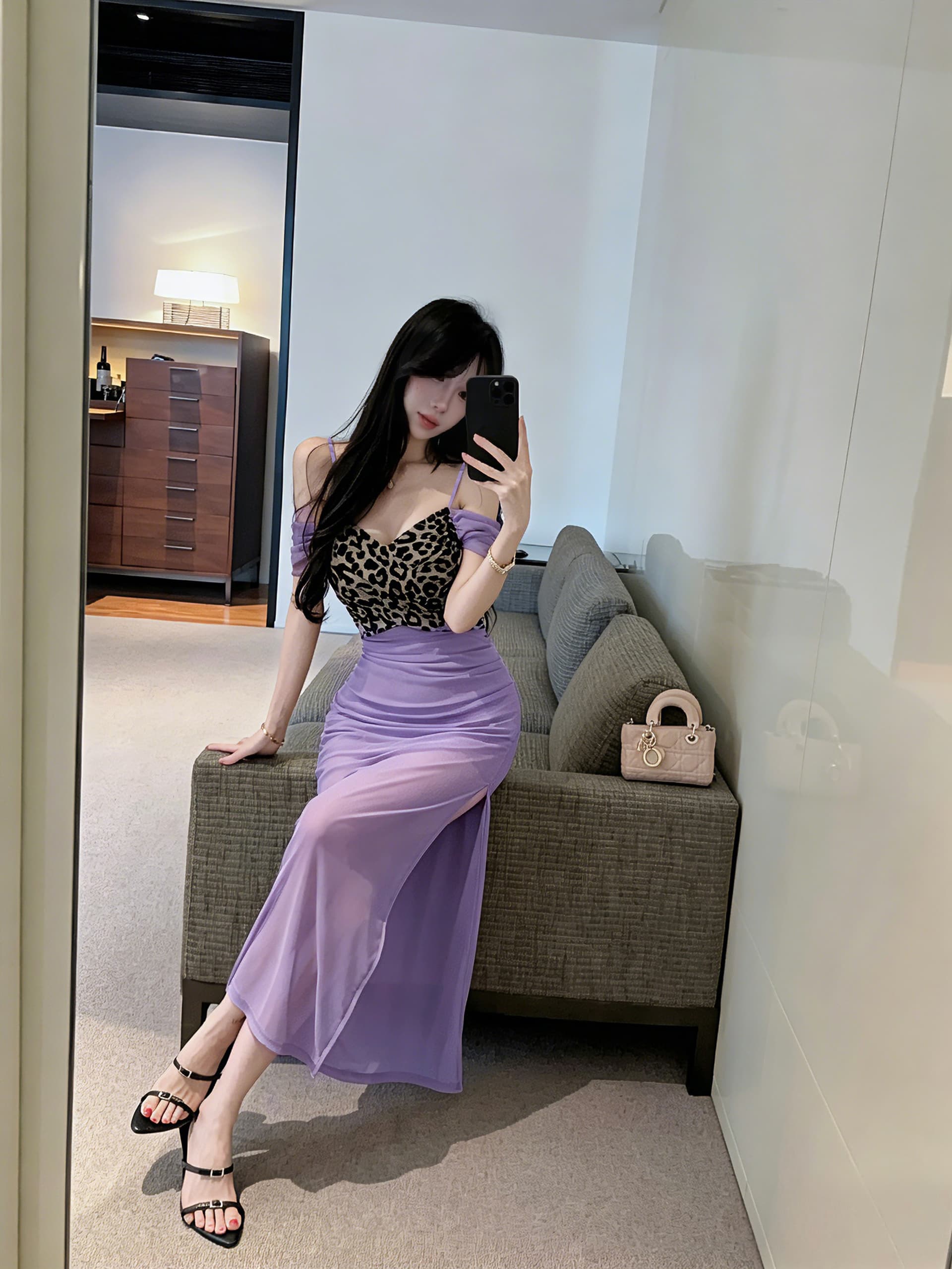 실사 레오파드 무늬 패치워크 롱 코트 슬립 드레스 상세 이미지 3
