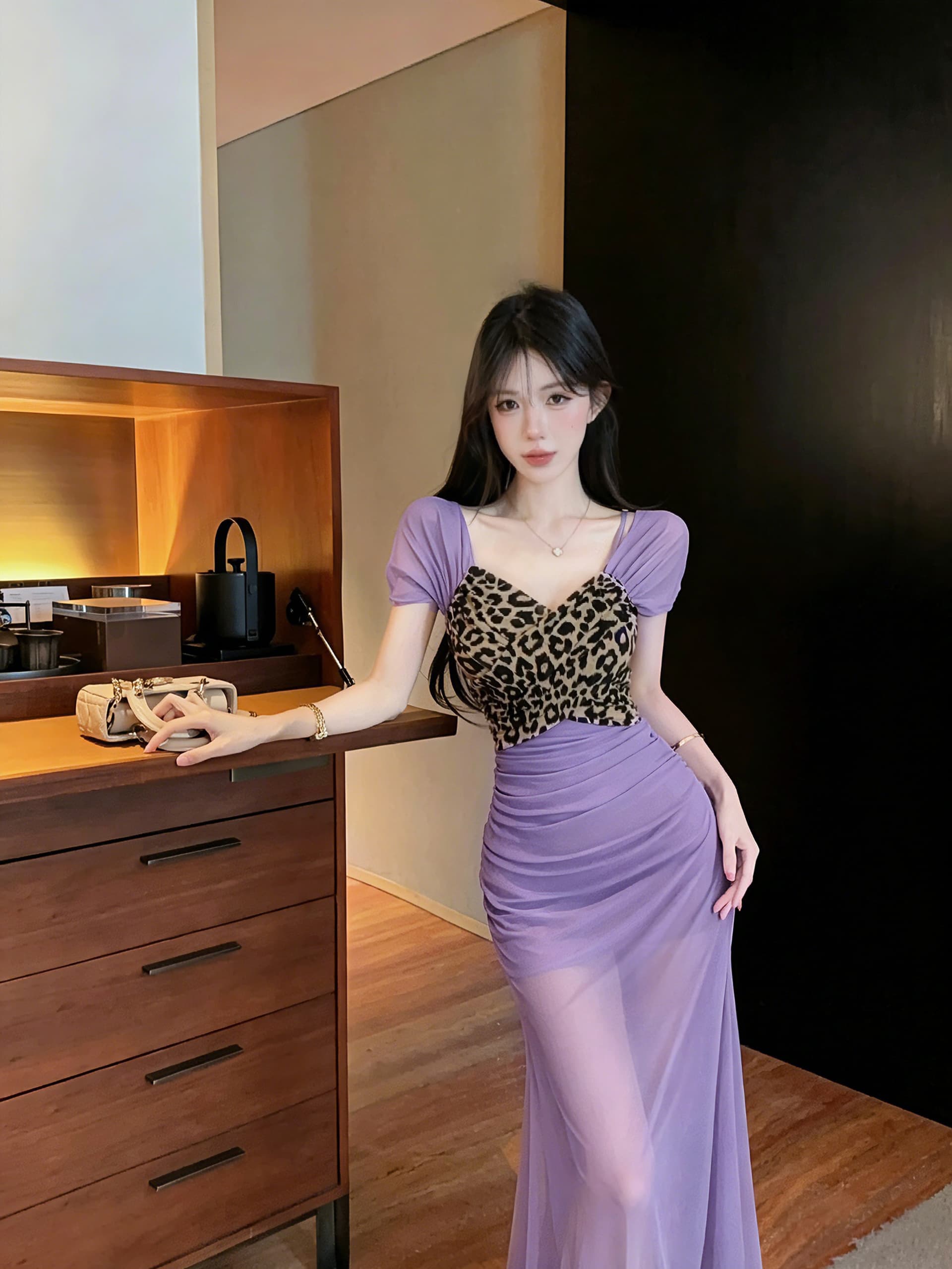 실사 레오파드 무늬 패치워크 롱 코트 슬립 드레스 상세 이미지 4
