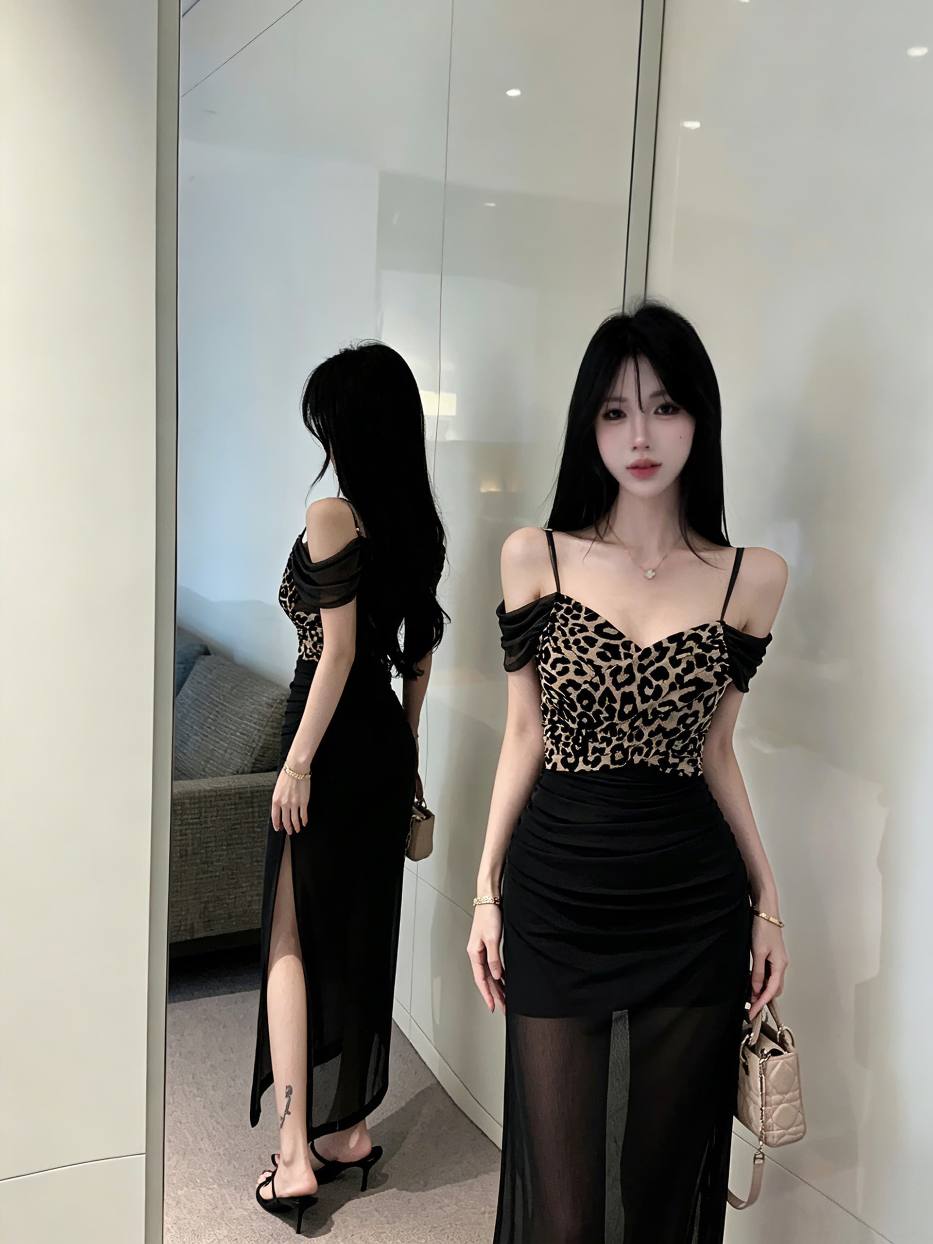 실사 레오파드 무늬 패치워크 롱 코트 슬립 드레스 상세 이미지 5