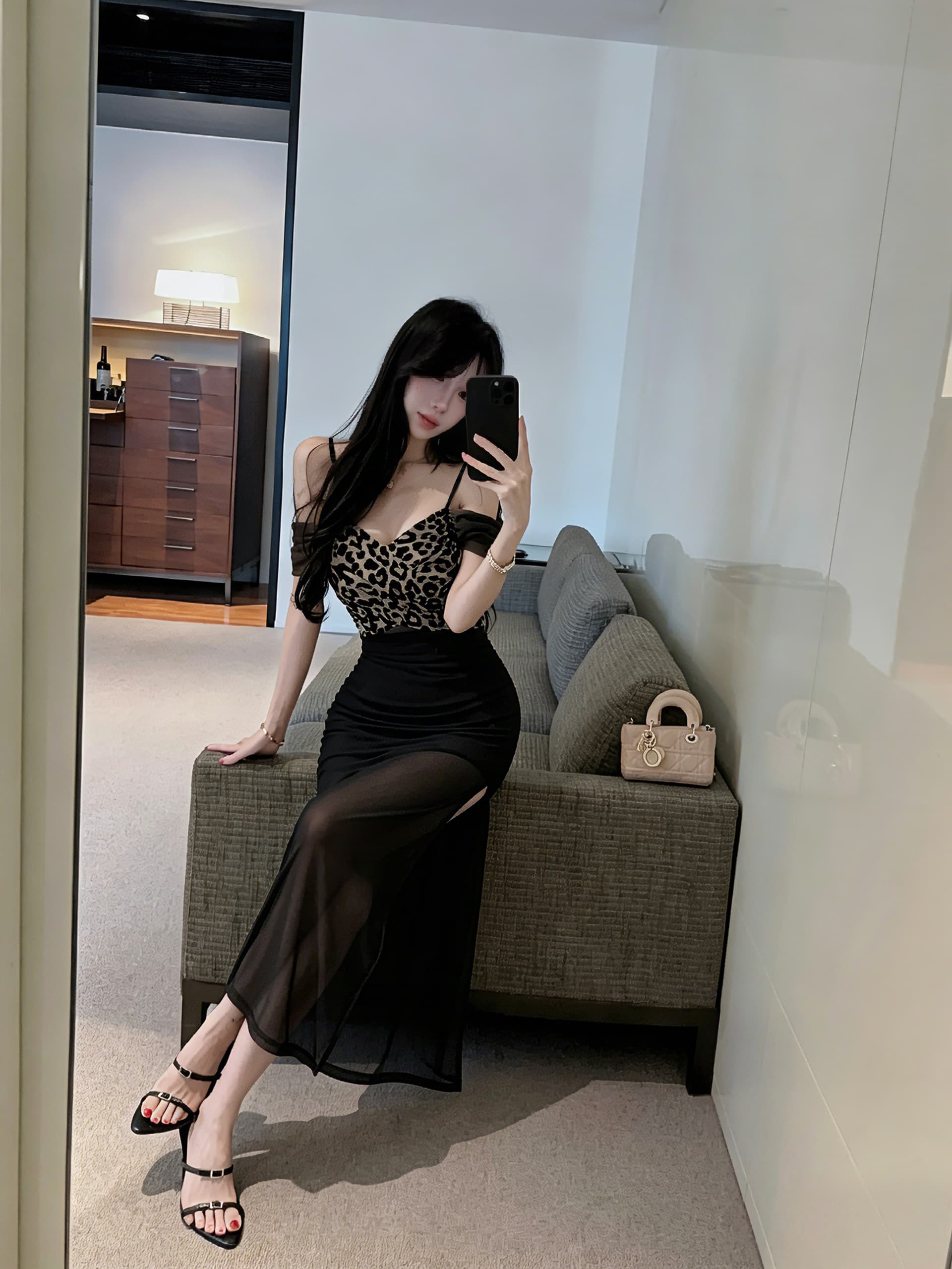 실사 레오파드 무늬 패치워크 롱 코트 슬립 드레스 상세 이미지 6