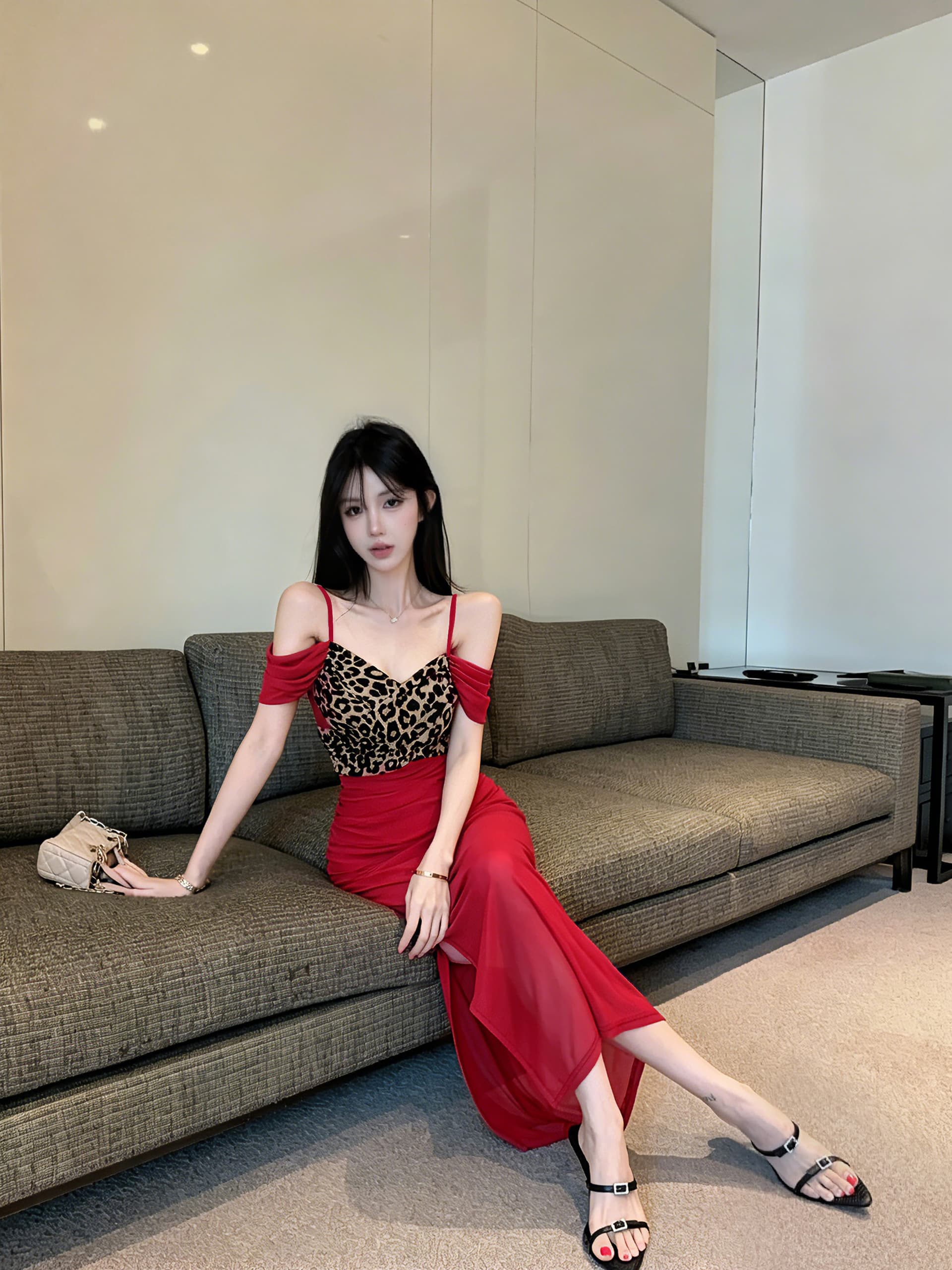 실사 레오파드 무늬 패치워크 롱 코트 슬립 드레스 상세 이미지 9