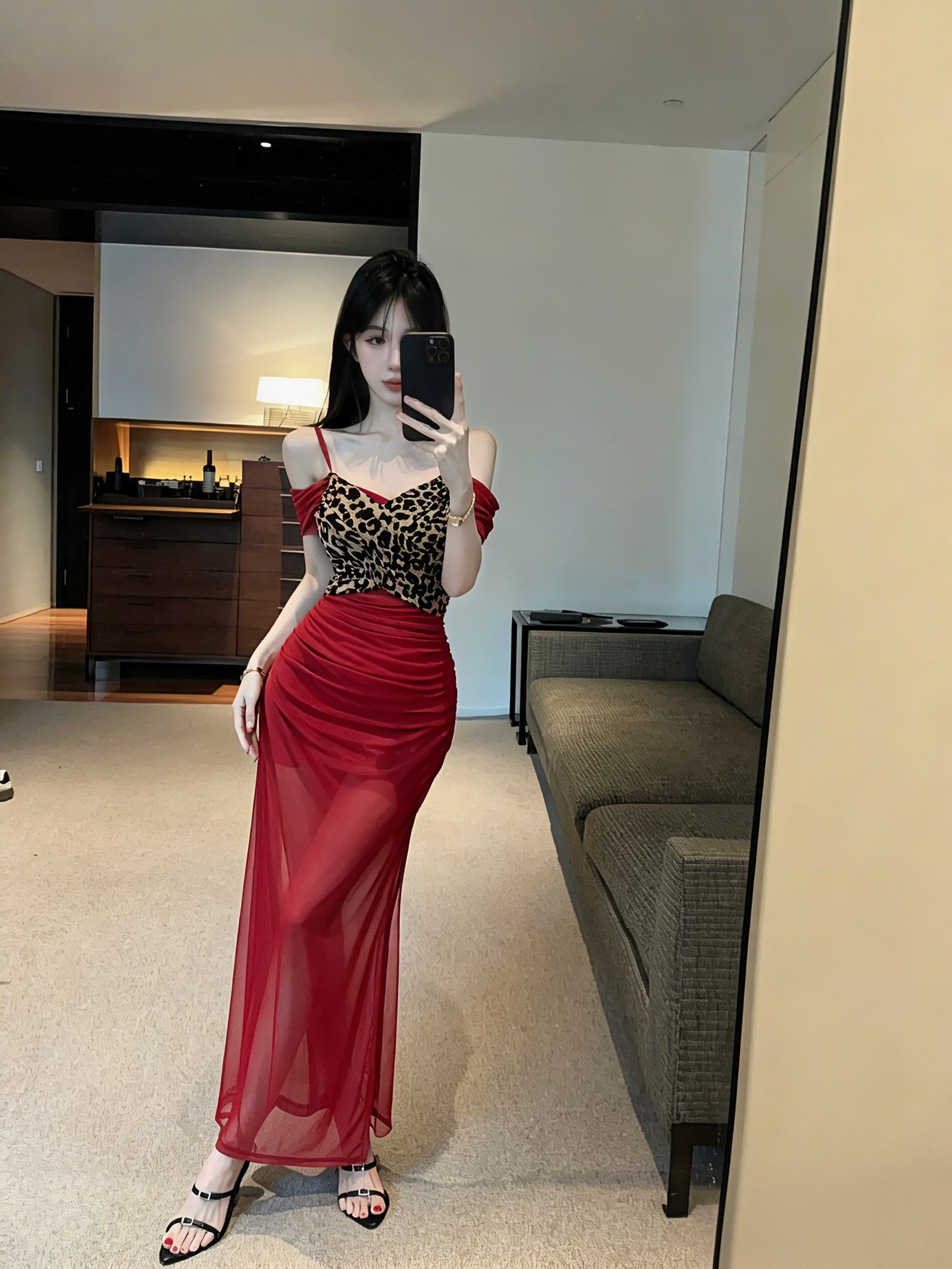 실사 레오파드 무늬 패치워크 롱 코트 슬립 드레스 상세 이미지 11