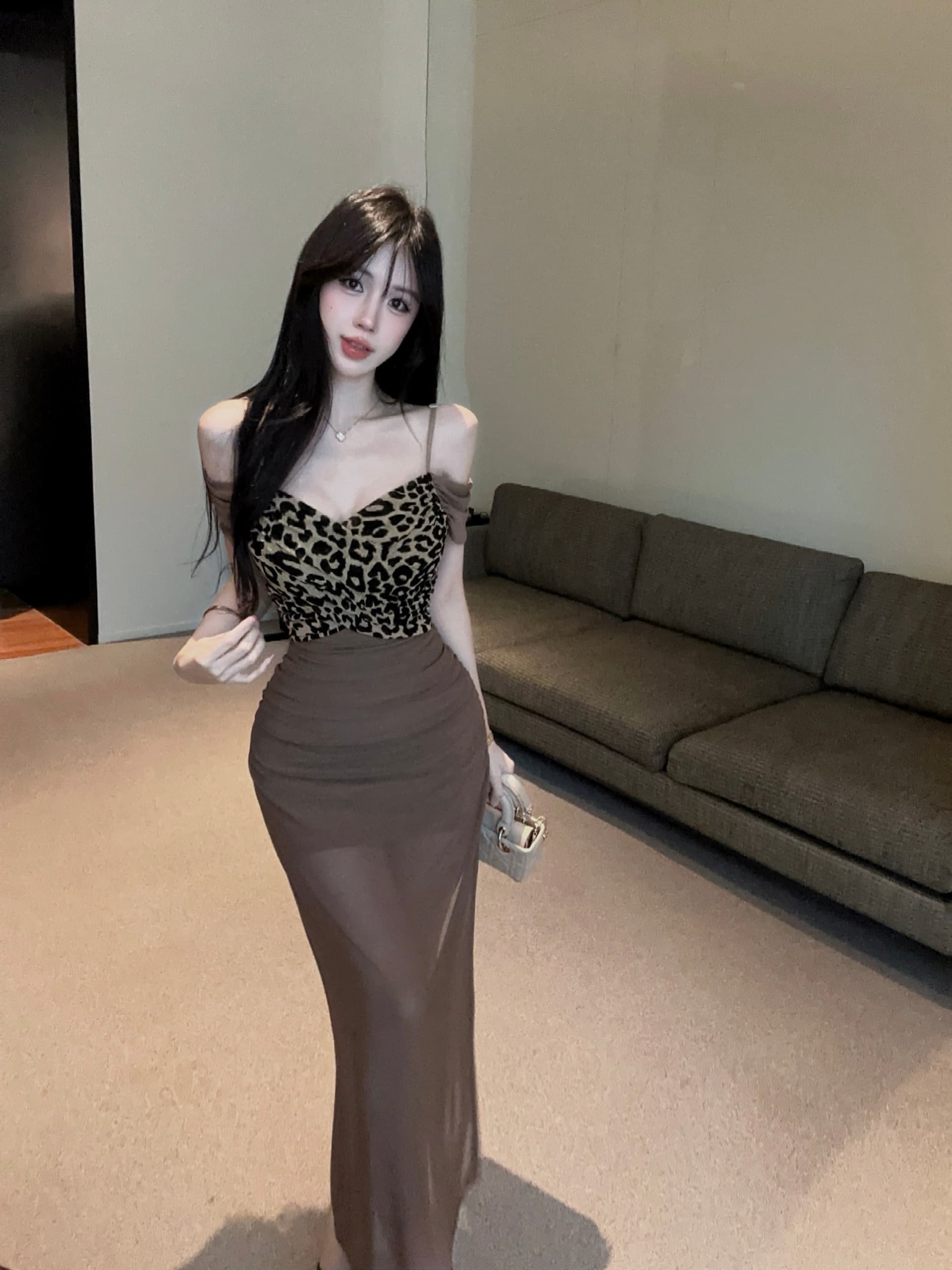 실사 레오파드 무늬 패치워크 롱 코트 슬립 드레스 상세 이미지 13