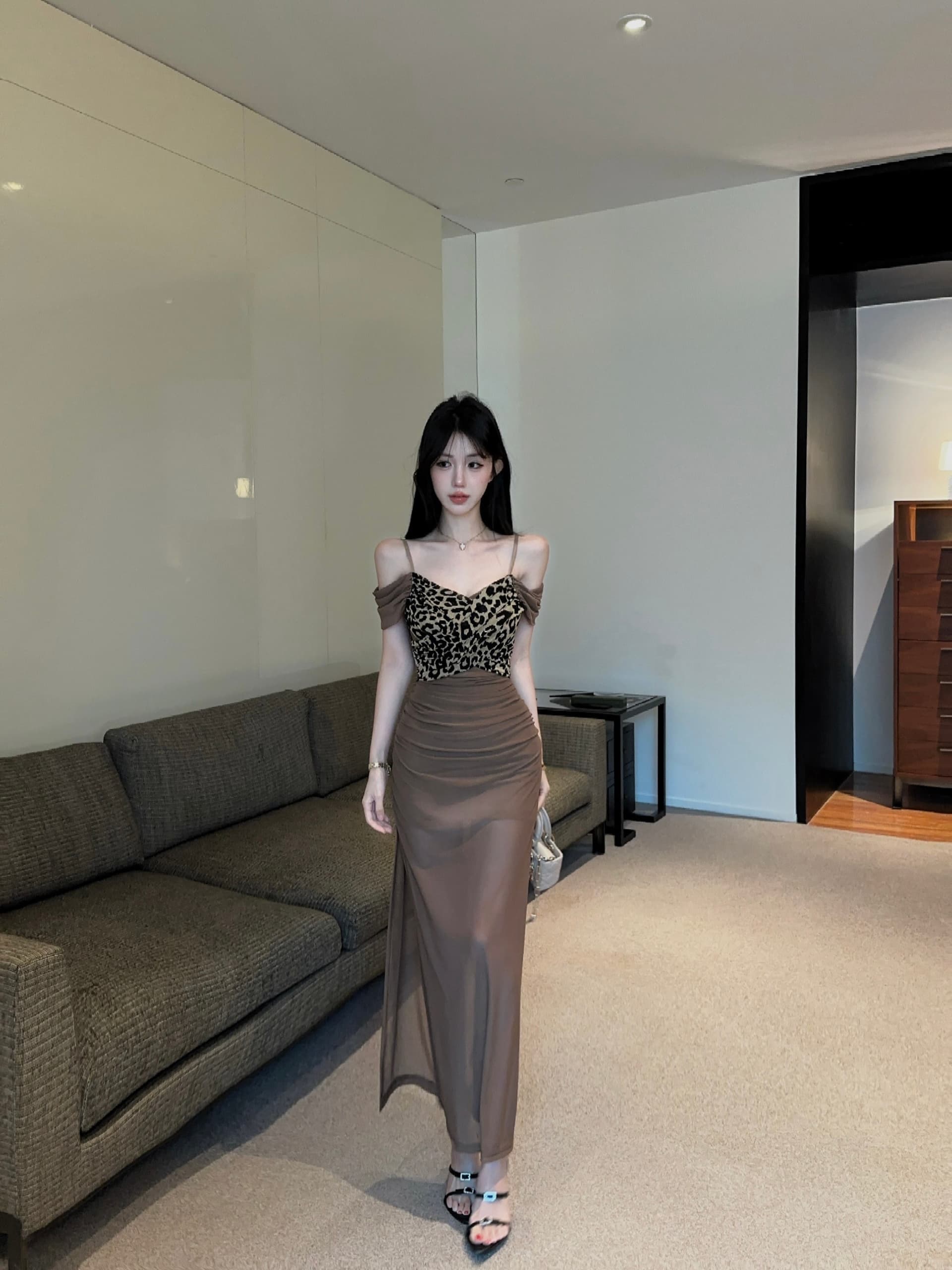 실사 레오파드 무늬 패치워크 롱 코트 슬립 드레스 상세 이미지 15