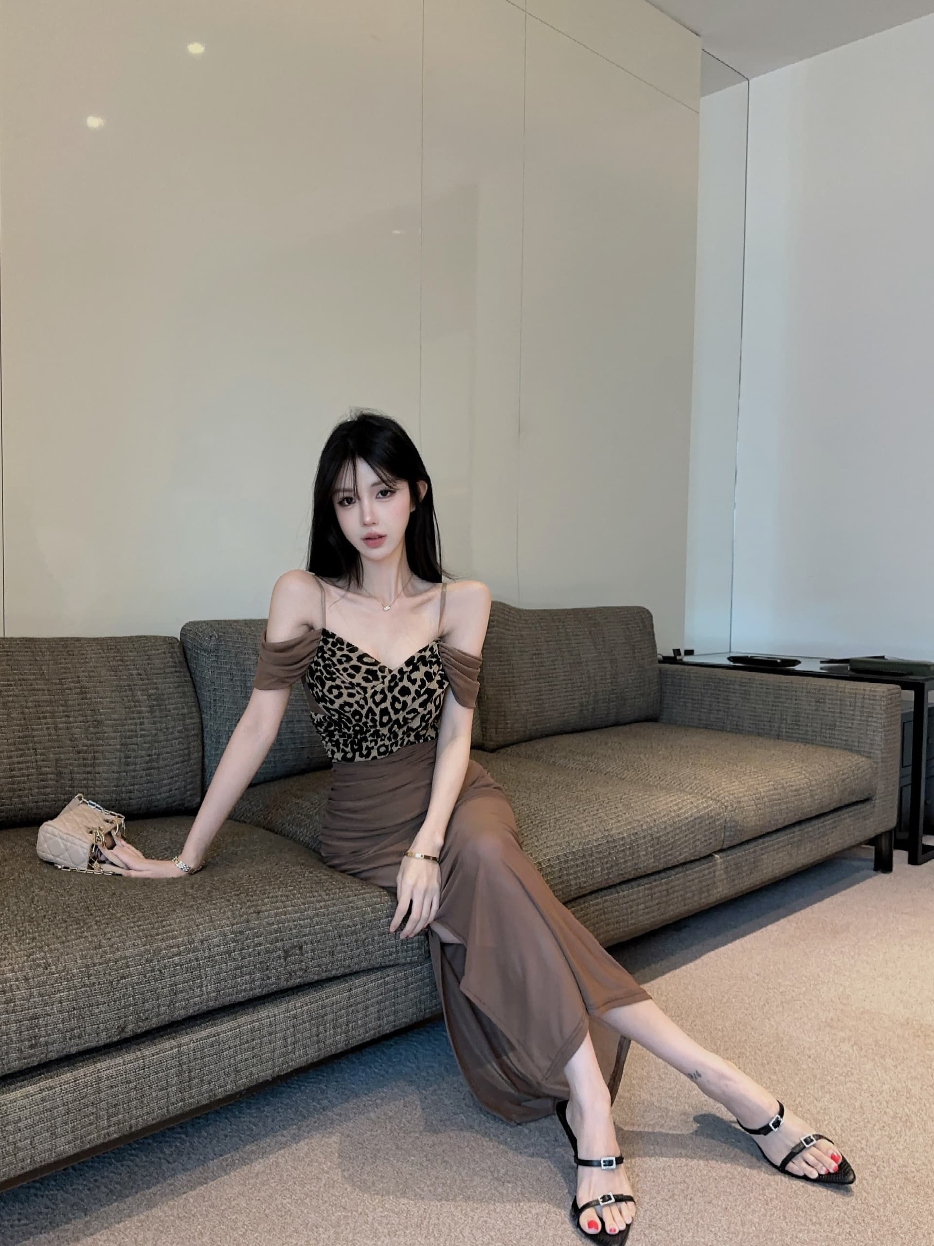 실사 레오파드 무늬 패치워크 롱 코트 슬립 드레스 상세 이미지 18