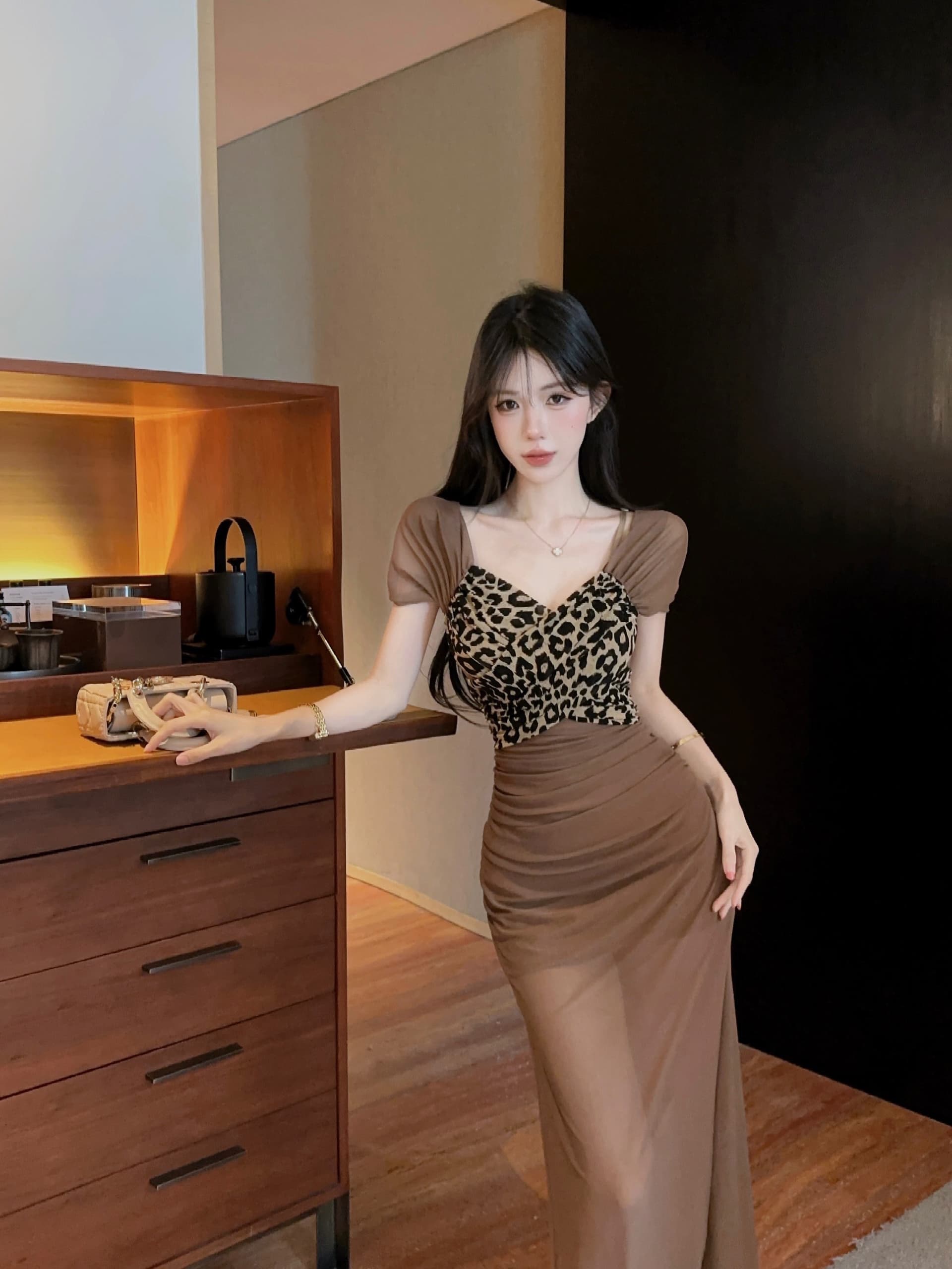 실사 레오파드 무늬 패치워크 롱 코트 슬립 드레스 상세 이미지 19