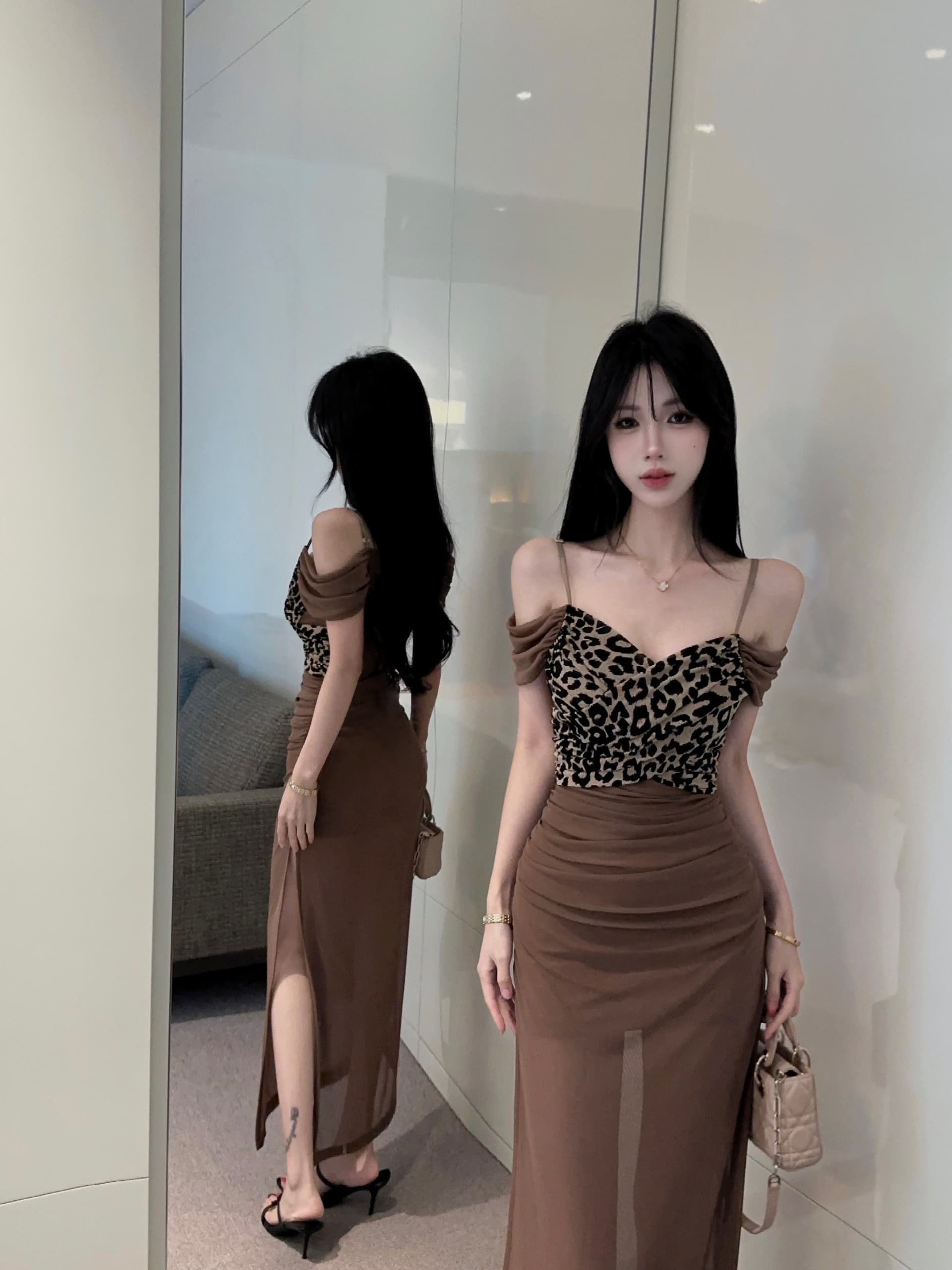 실사 레오파드 무늬 패치워크 롱 코트 슬립 드레스 상세 이미지 22