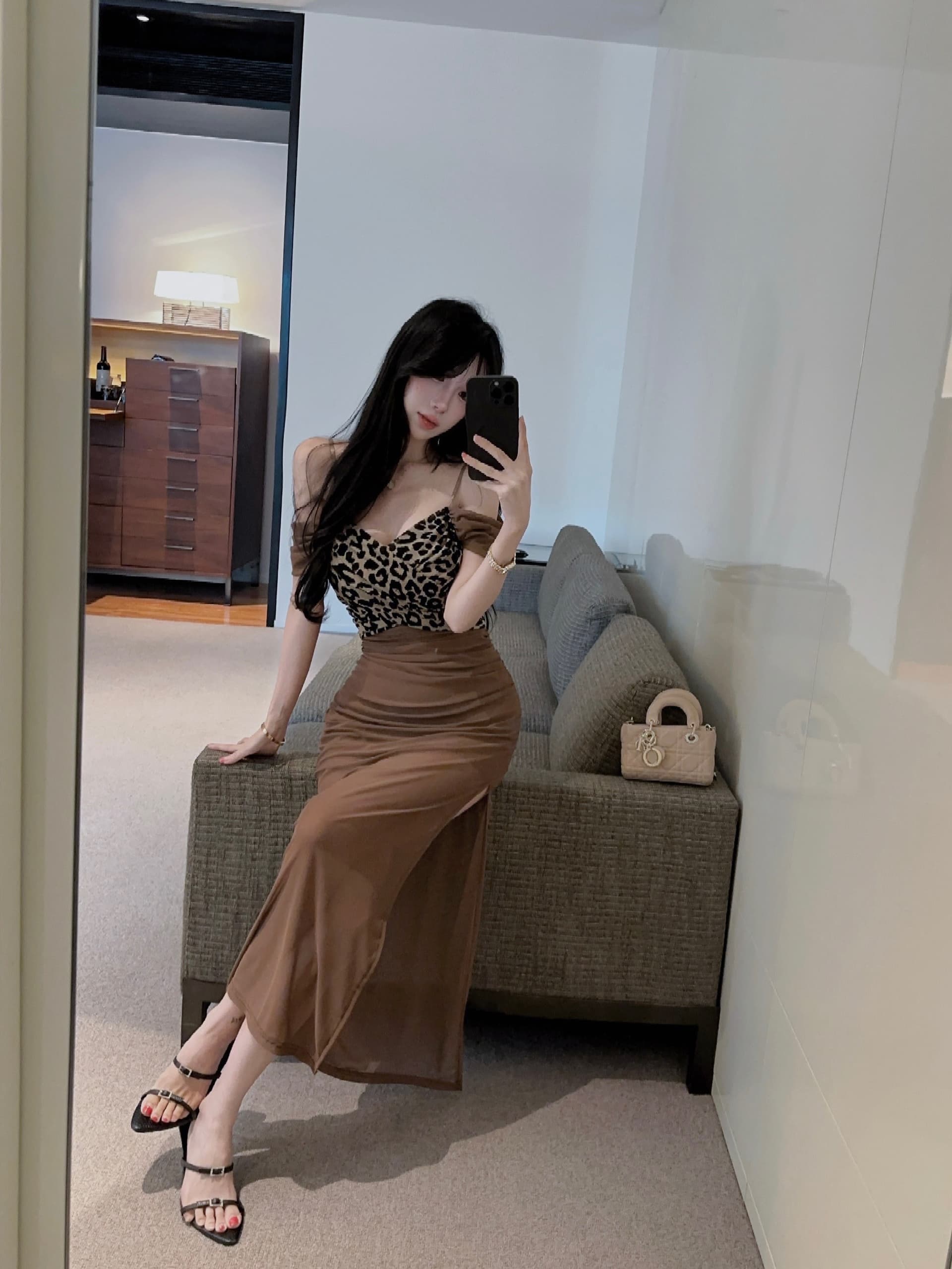 실사 레오파드 무늬 패치워크 롱 코트 슬립 드레스 상세 이미지 23