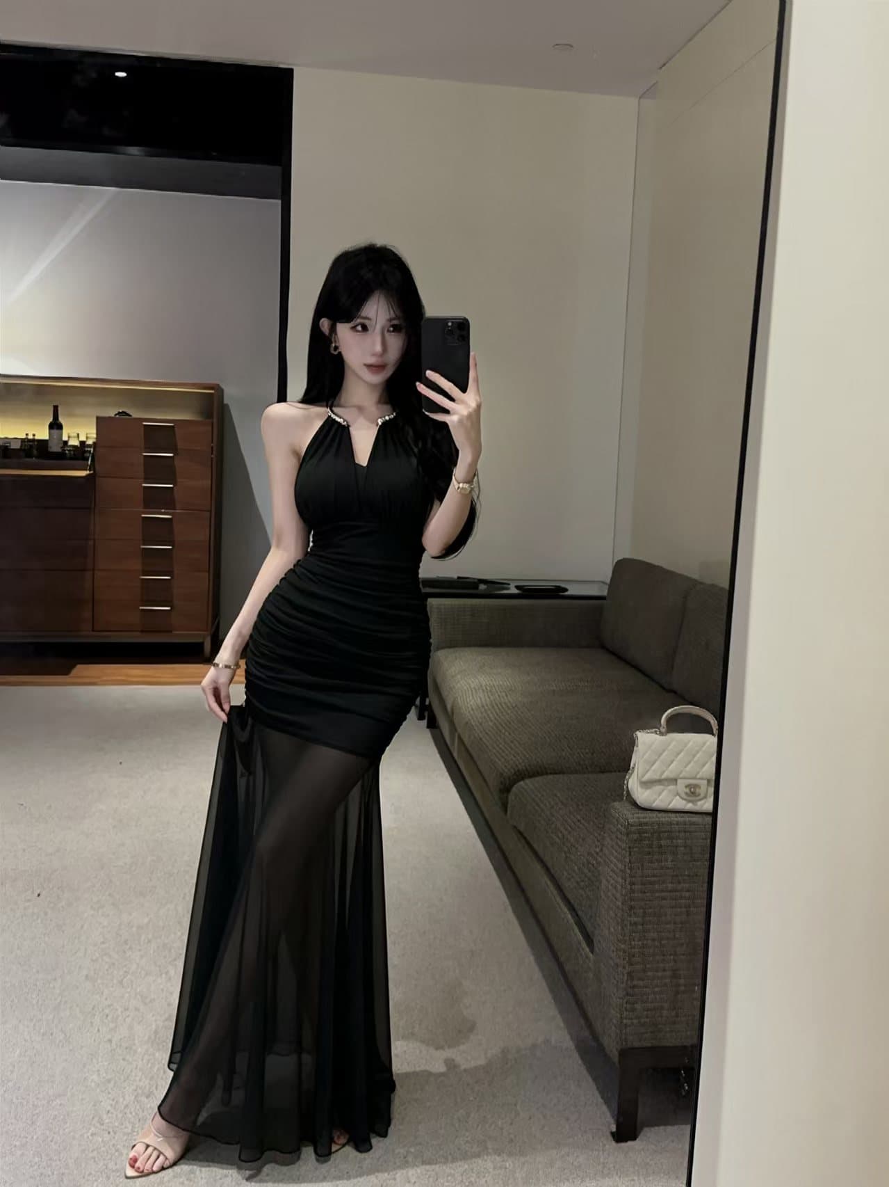 실사 롱 코트 망사 행침 목 드레스 상세 이미지 6