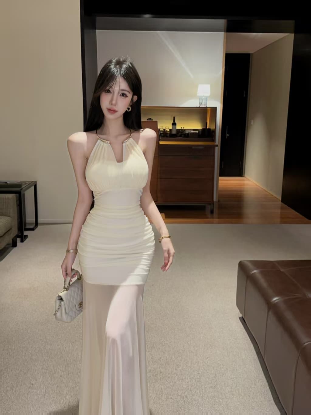 실사 롱 코트 망사 행침 목 드레스 상세 이미지 13