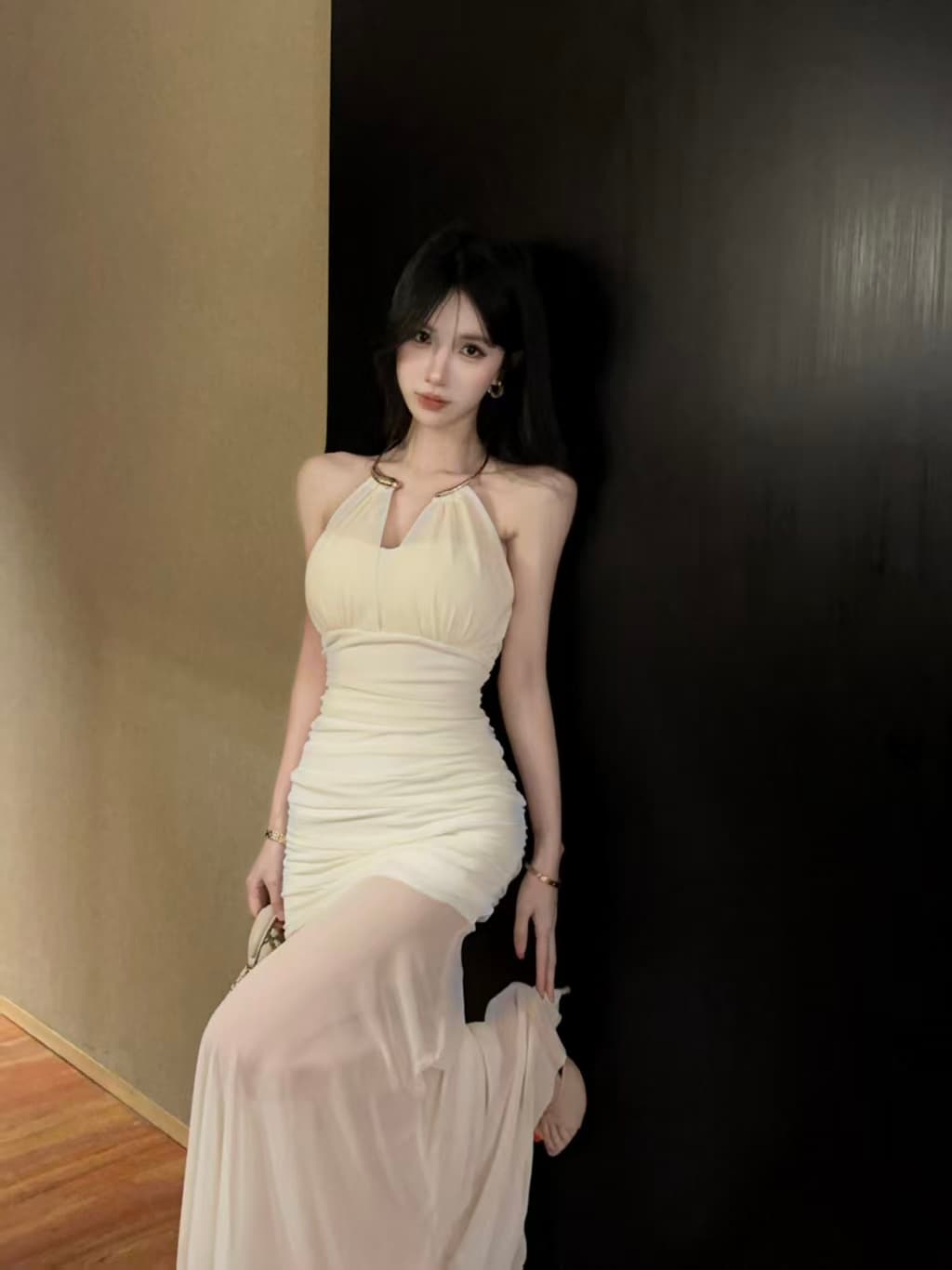 실사 롱 코트 망사 행침 목 드레스 상세 이미지 14