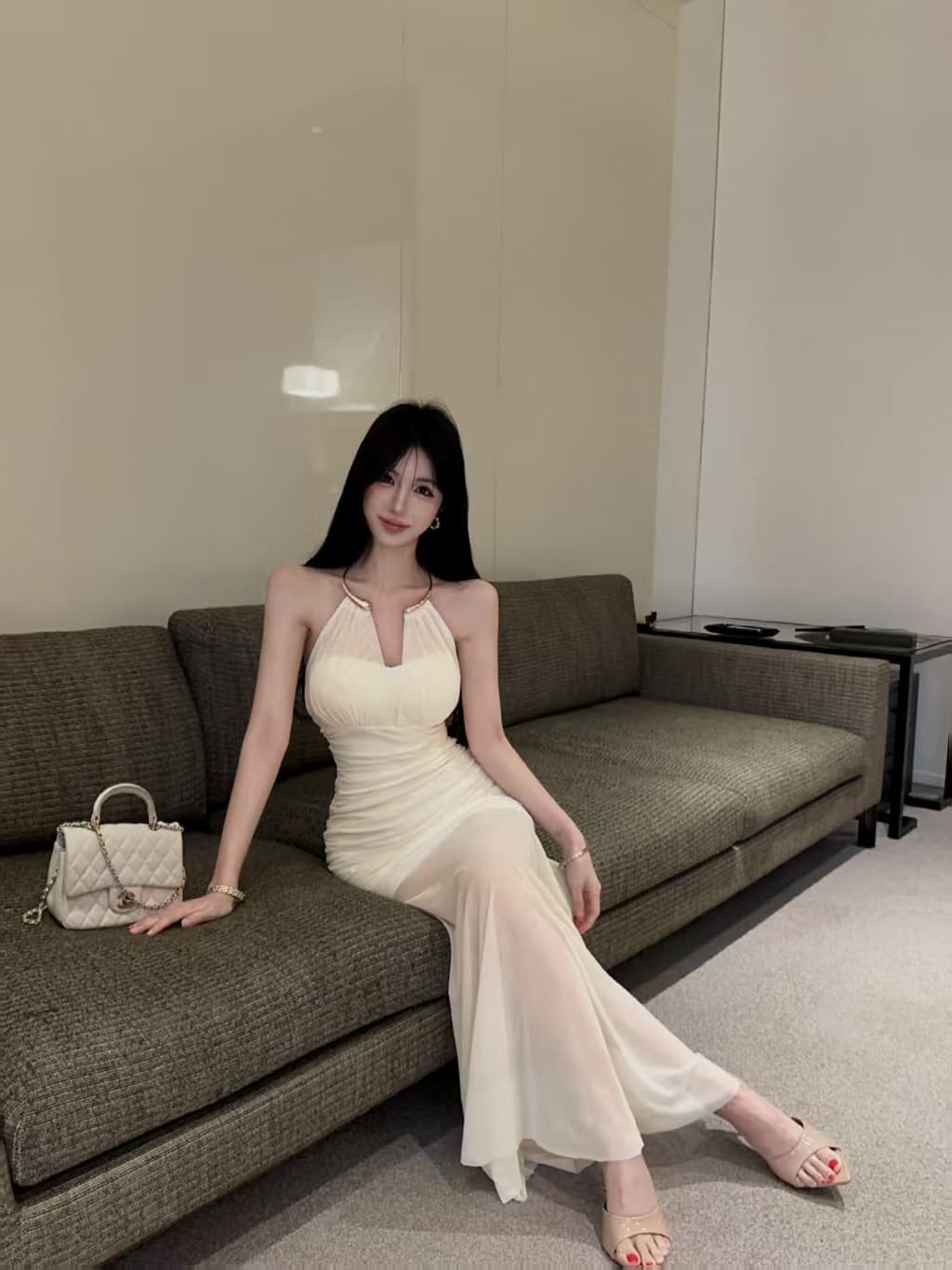 실사 롱 코트 망사 행침 목 드레스 상세 이미지 15