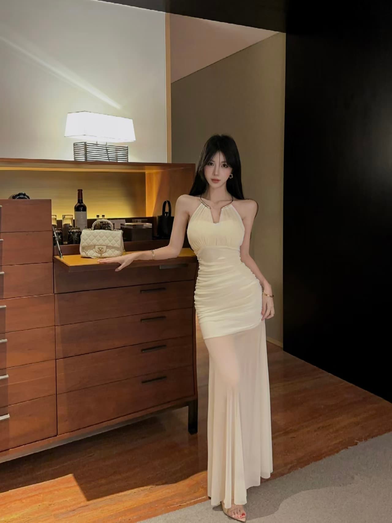 실사 롱 코트 망사 행침 목 드레스 상세 이미지 20