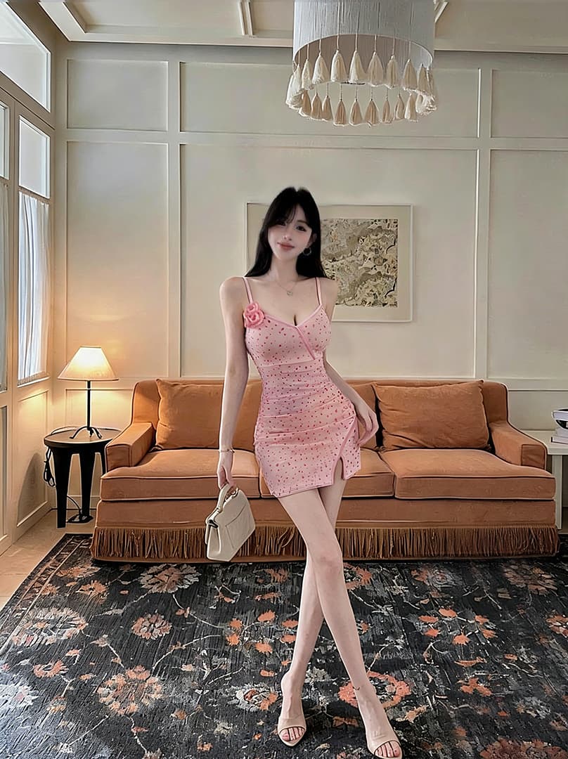 실사 도트 무늬 망사 슬립 드레스 복장 상세 이미지 3