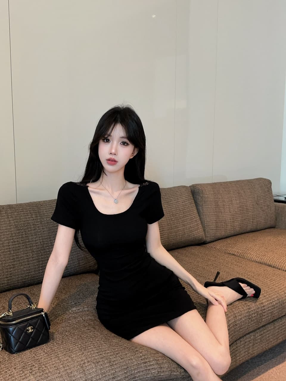 실사 반팔 면 소재 레이스 조각 타이트 스커트 드레스 상세 이미지 11