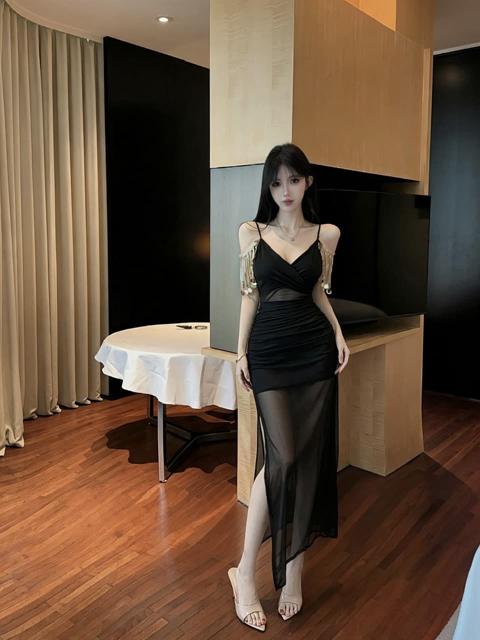 실사 롱 코트 술 패치워크 망사 슬립 드레스 상세 이미지 2