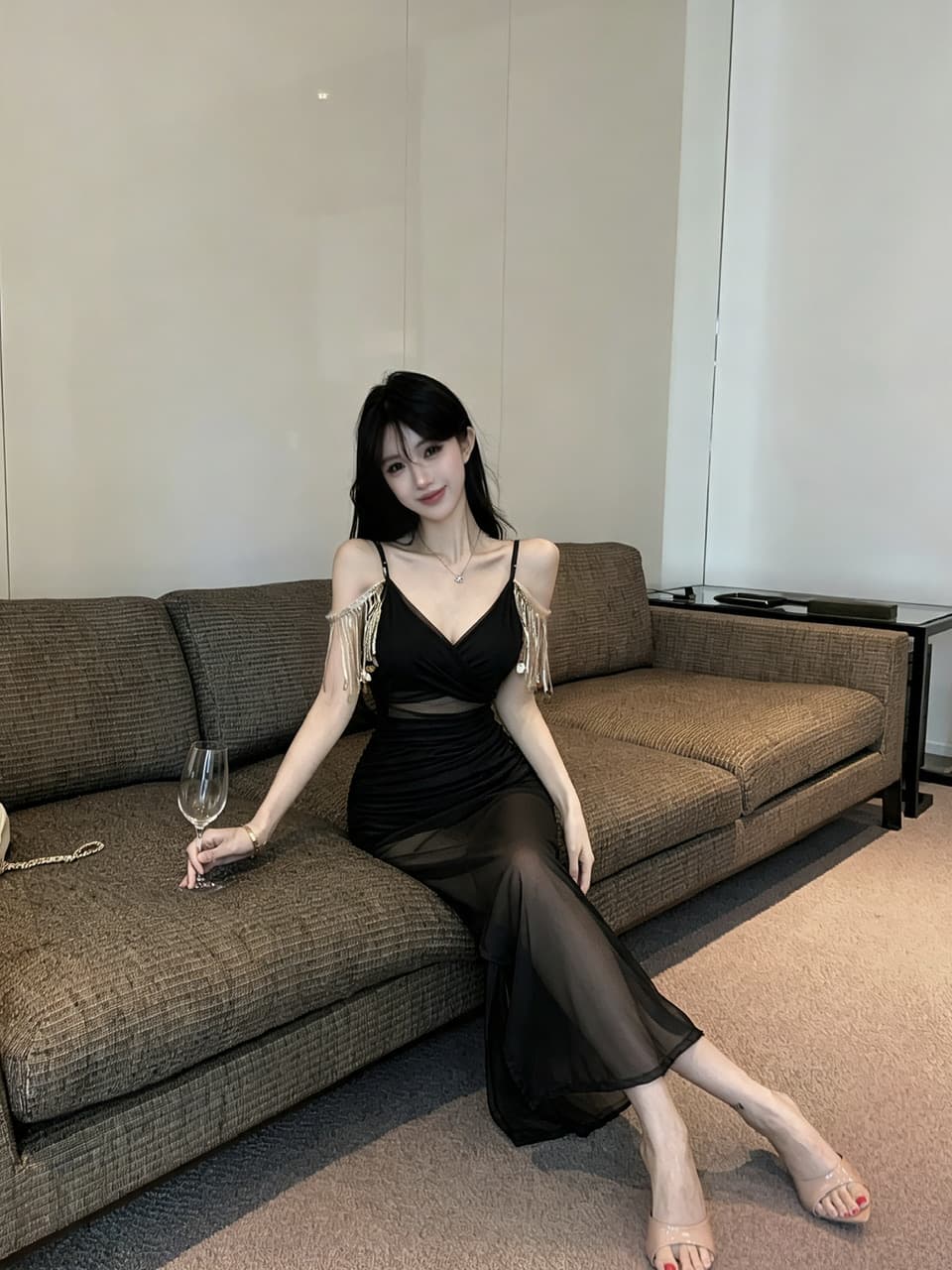 실사 롱 코트 술 패치워크 망사 슬립 드레스 상세 이미지 5