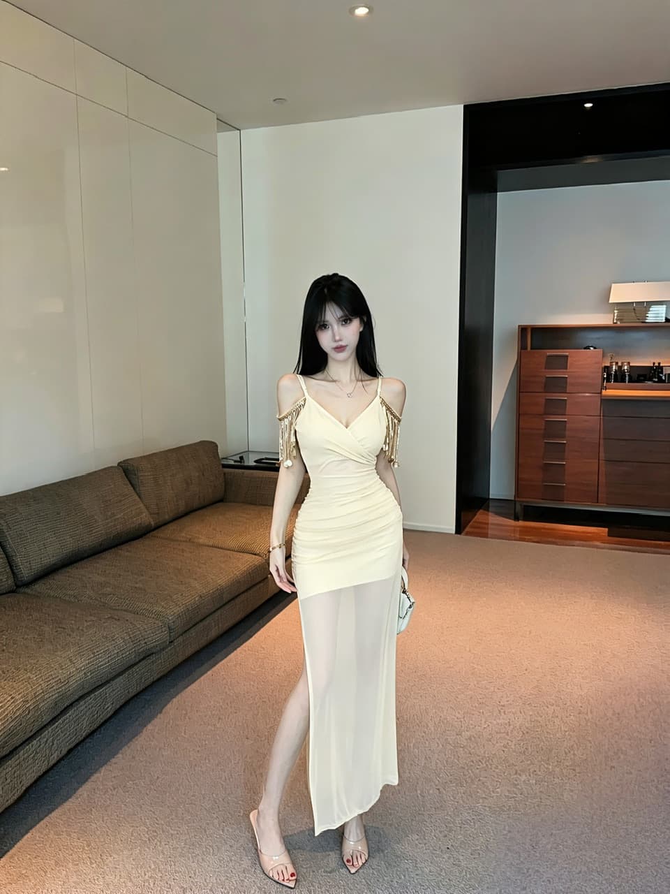 실사 롱 코트 술 패치워크 망사 슬립 드레스 상세 이미지 6