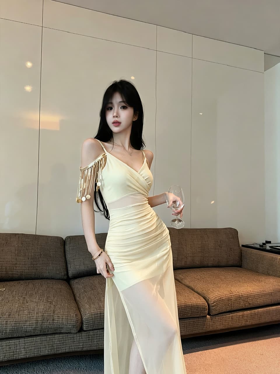 실사 롱 코트 술 패치워크 망사 슬립 드레스 상세 이미지 8