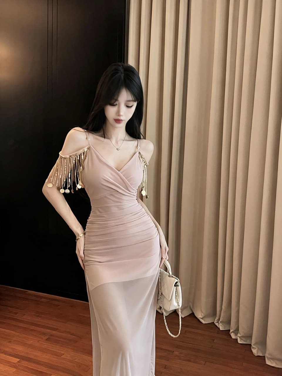 실사 롱 코트 술 패치워크 망사 슬립 드레스 상세 이미지 14