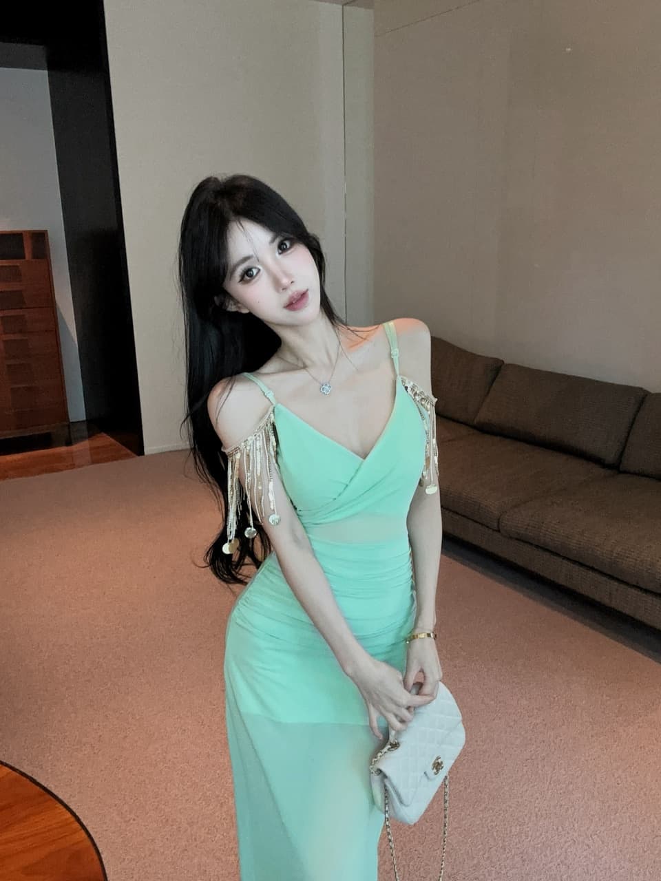 실사 롱 코트 술 패치워크 망사 슬립 드레스 상세 이미지 22