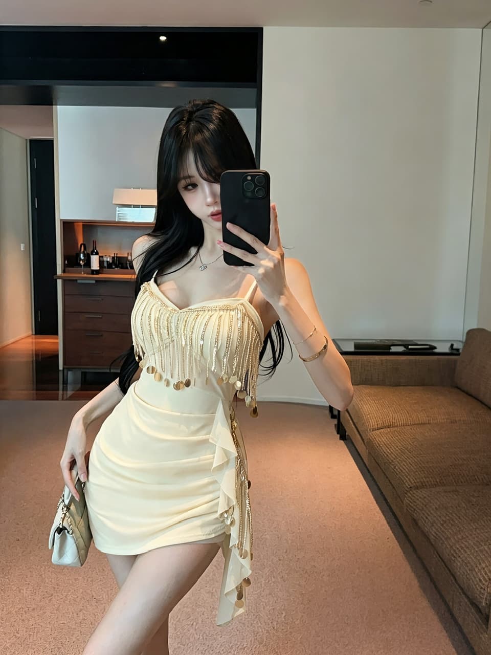 실사 쇼트 스타일 술 망사 슬립 드레스 상세 이미지 5