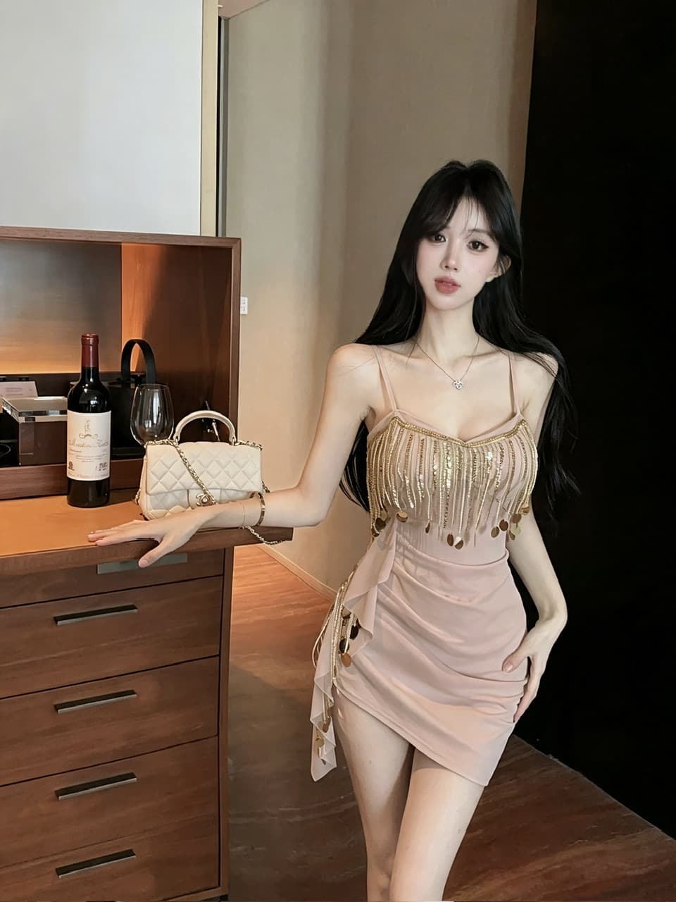 실사 쇼트 스타일 술 망사 슬립 드레스 상세 이미지 6