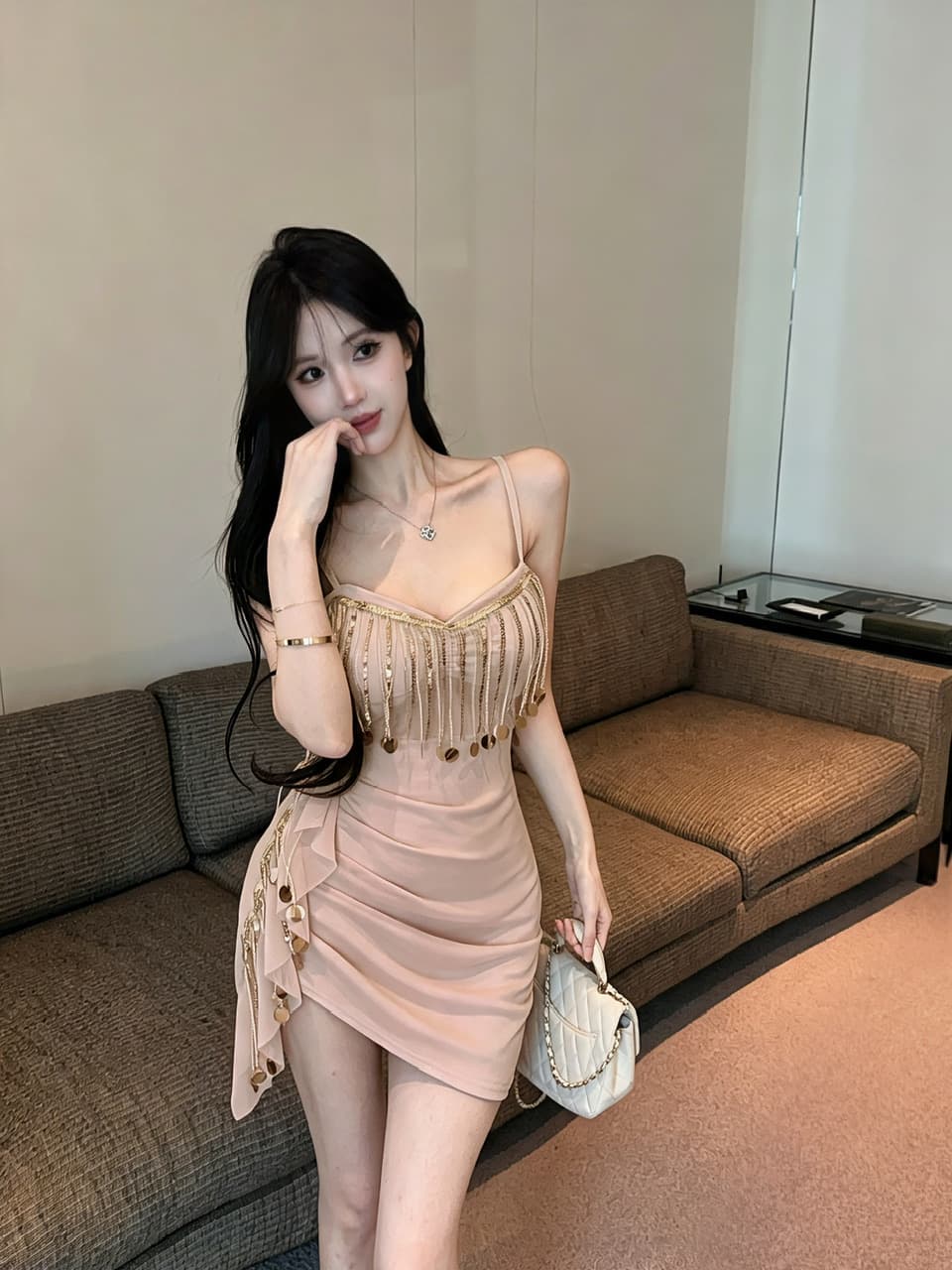 실사 쇼트 스타일 술 망사 슬립 드레스 상세 이미지 9
