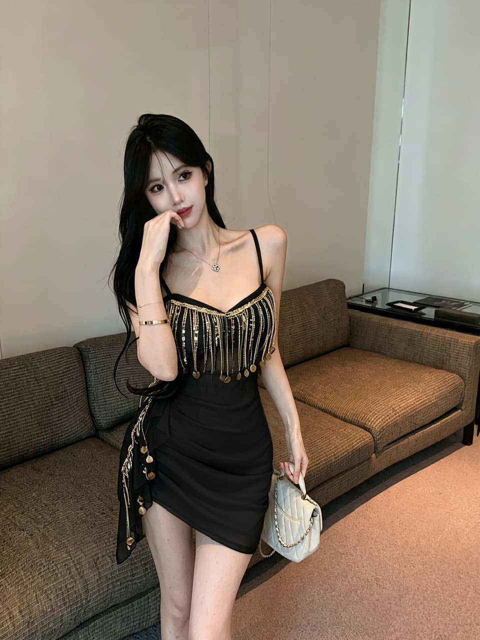 실사 쇼트 스타일 술 망사 슬립 드레스 상세 이미지 11