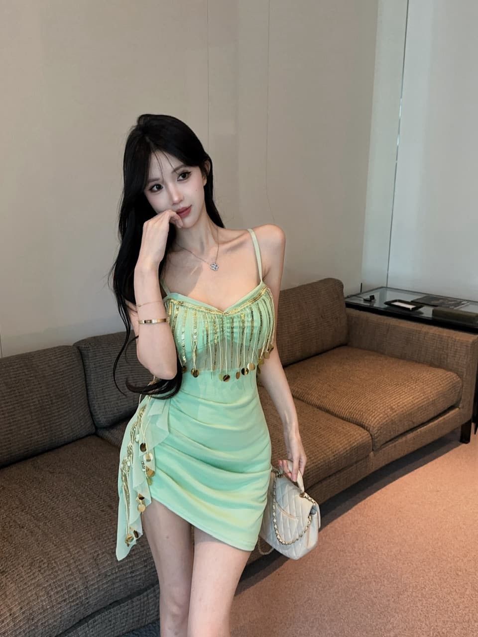 실사 쇼트 스타일 술 망사 슬립 드레스 상세 이미지 22