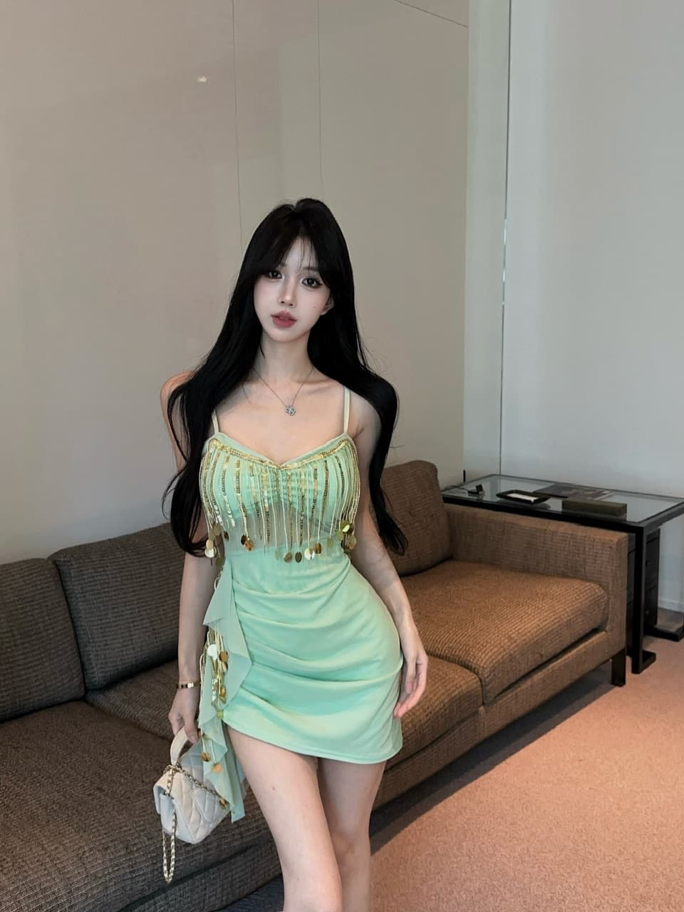 실사 쇼트 스타일 술 망사 슬립 드레스 상세 이미지 23